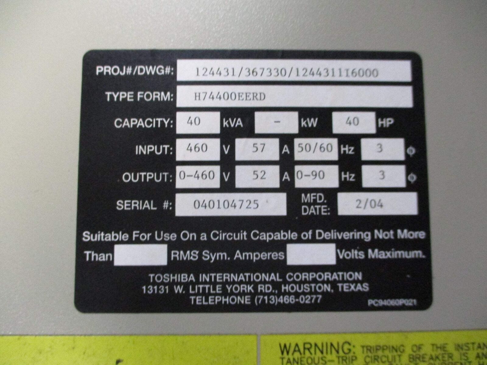 Toshiba AC Drive H74400EERD 40HP 3Ph w/ Keypad (Missing Dial) Used