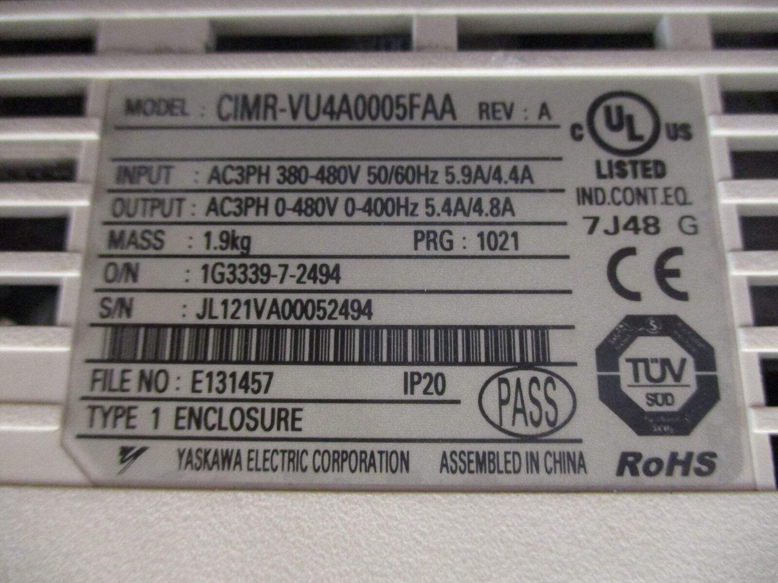 Yaskawa V1000 AC Drive CIMR-VU4A0005FAA Rev. A 3HP 3Ph Used