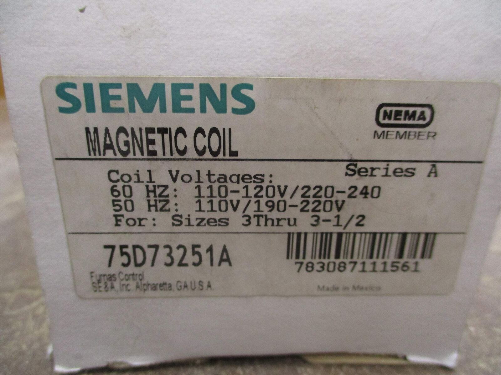 Siemens Magnetic Coil 75D73251A Ser. A 110-120V 220-240V *Some Shelfwear*