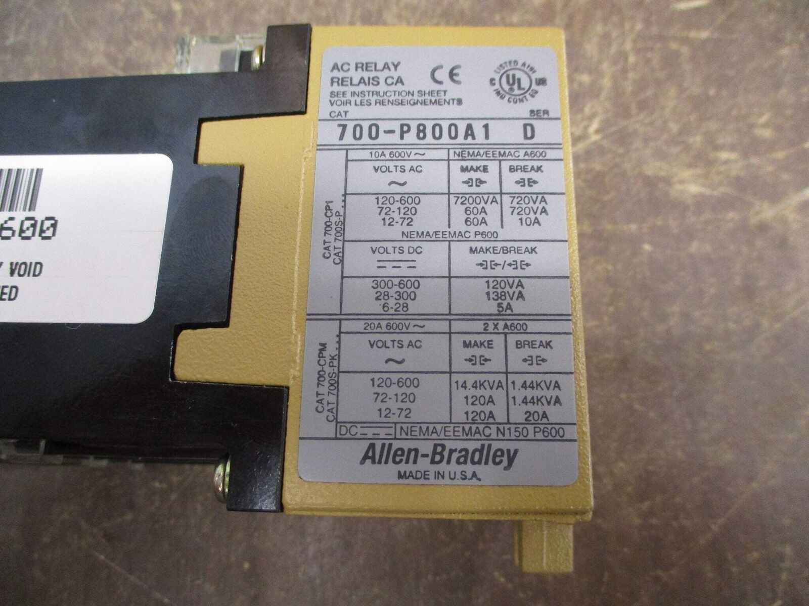 Allen-Bradley Type P Control Relay 700-P800A1 Ser. D 115-120V Coil New Surplus