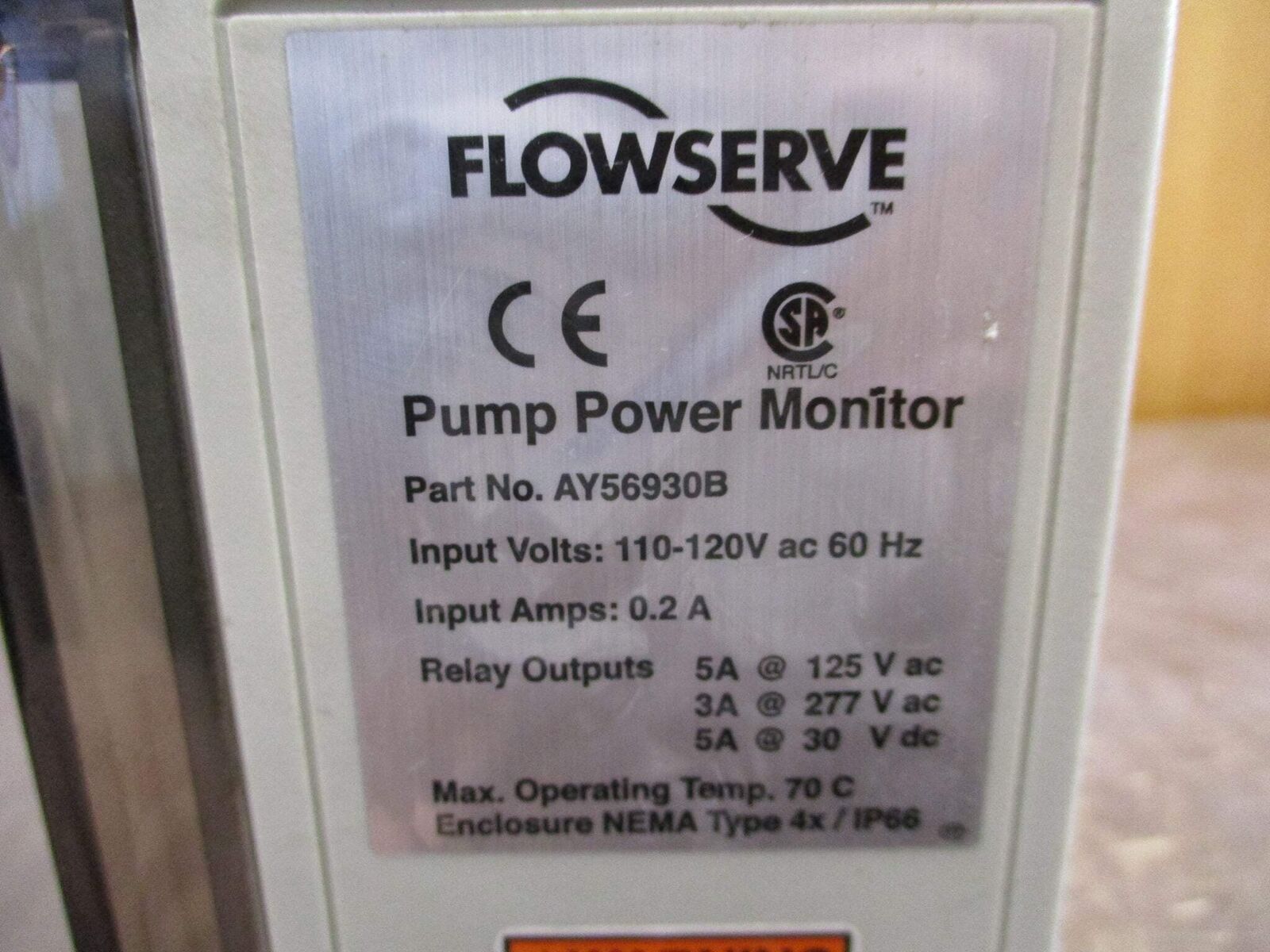 Flowserve Pump Power Monitor AY56930B 110-120V 60Hz Used