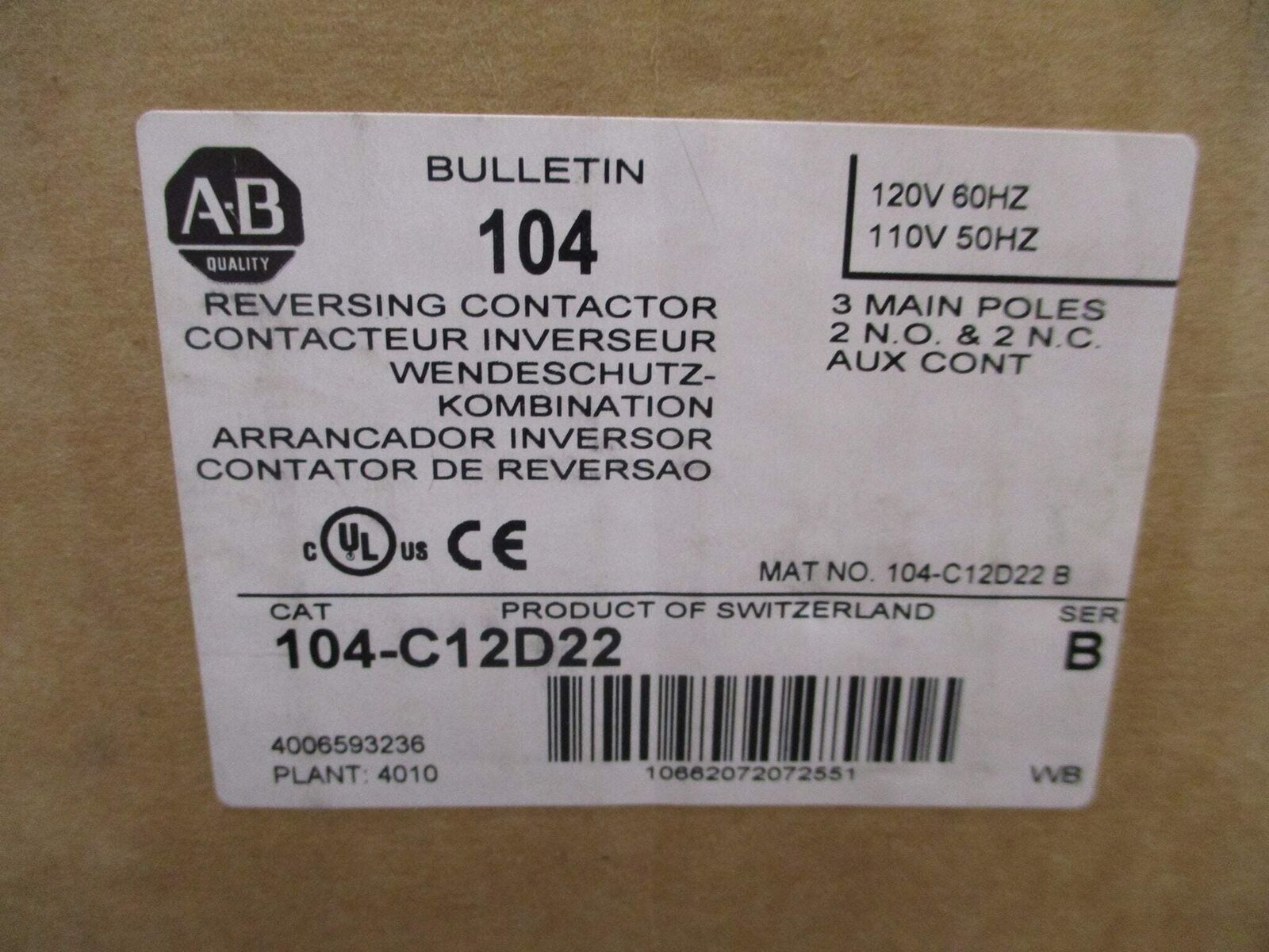 Allen-Bradley Reversing Contactor 104-C12D22 Ser. B 120V Coil New Surplus