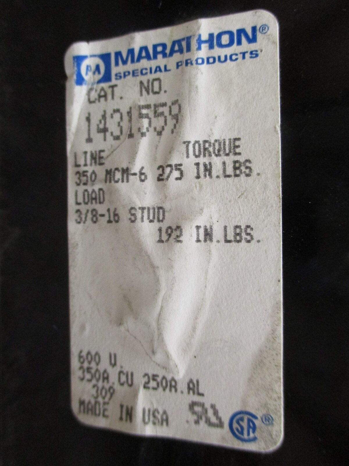 Marathon Power Distribution Block 1431559 350A 600V 1P Line: 350MCM-6 Used