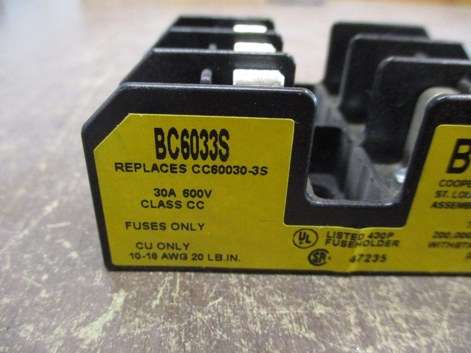 Buss Fuseholder BC6033S 30A 600V 3P *Lot of 2* Used
