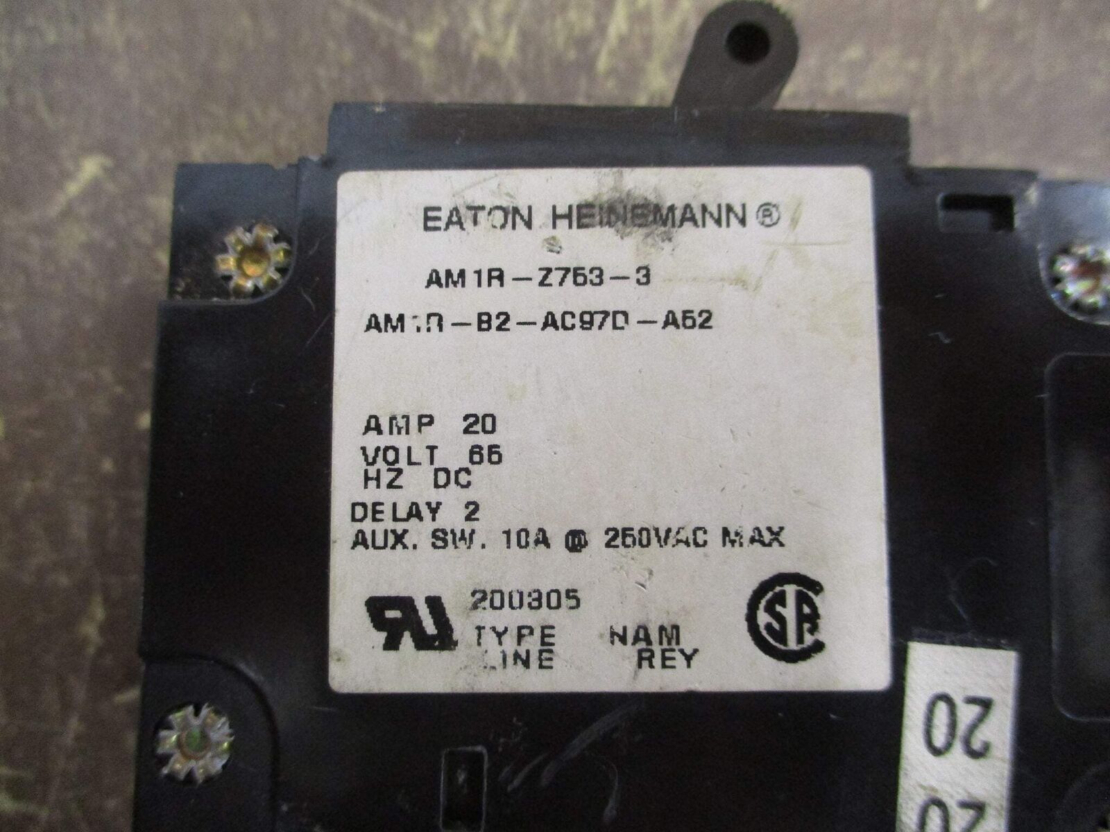 Eaton Heinemann DC Circuit Breaker AM1R-Z753-3 AM1R-B2-AC97D-A52 20A 65VDC Used