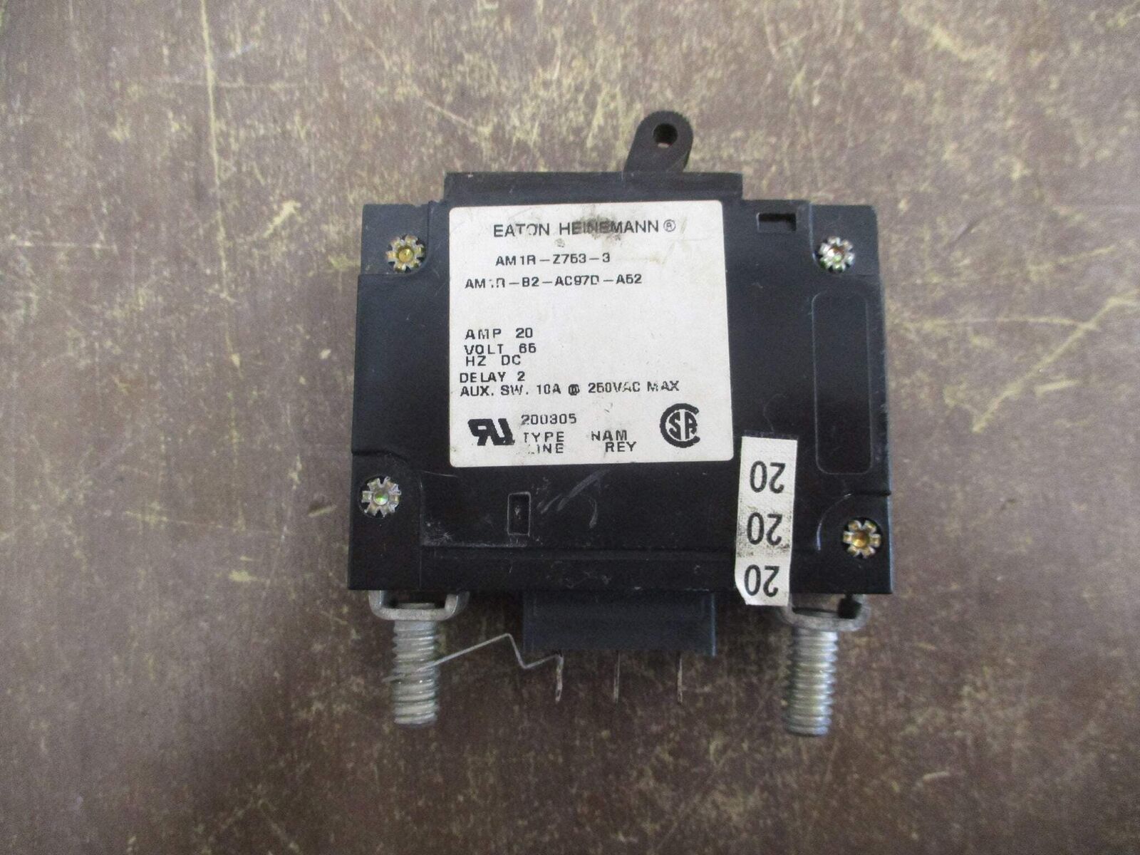 Eaton Heinemann DC Circuit Breaker AM1R-Z753-3 AM1R-B2-AC97D-A52 20A 65VDC Used