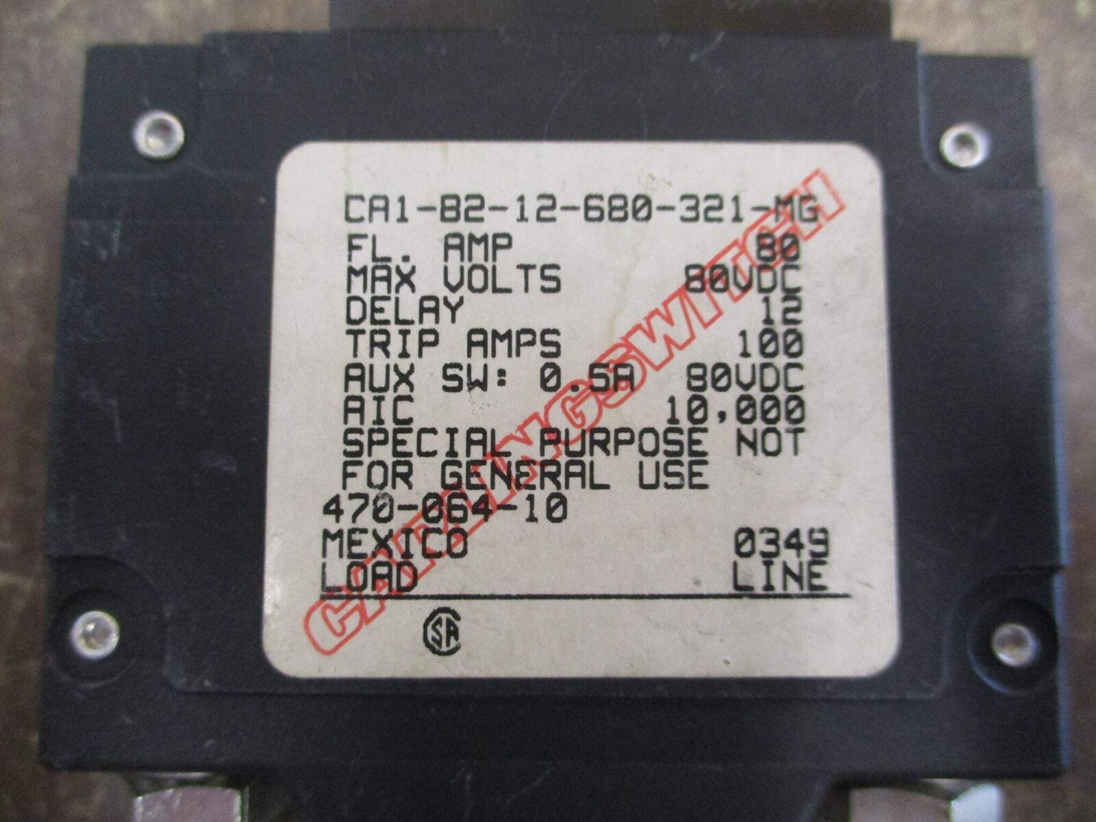 Carlingswitch DC Circuit Breaker CA1-B2-12-680-321-MG 80A 80VDC 1P Used