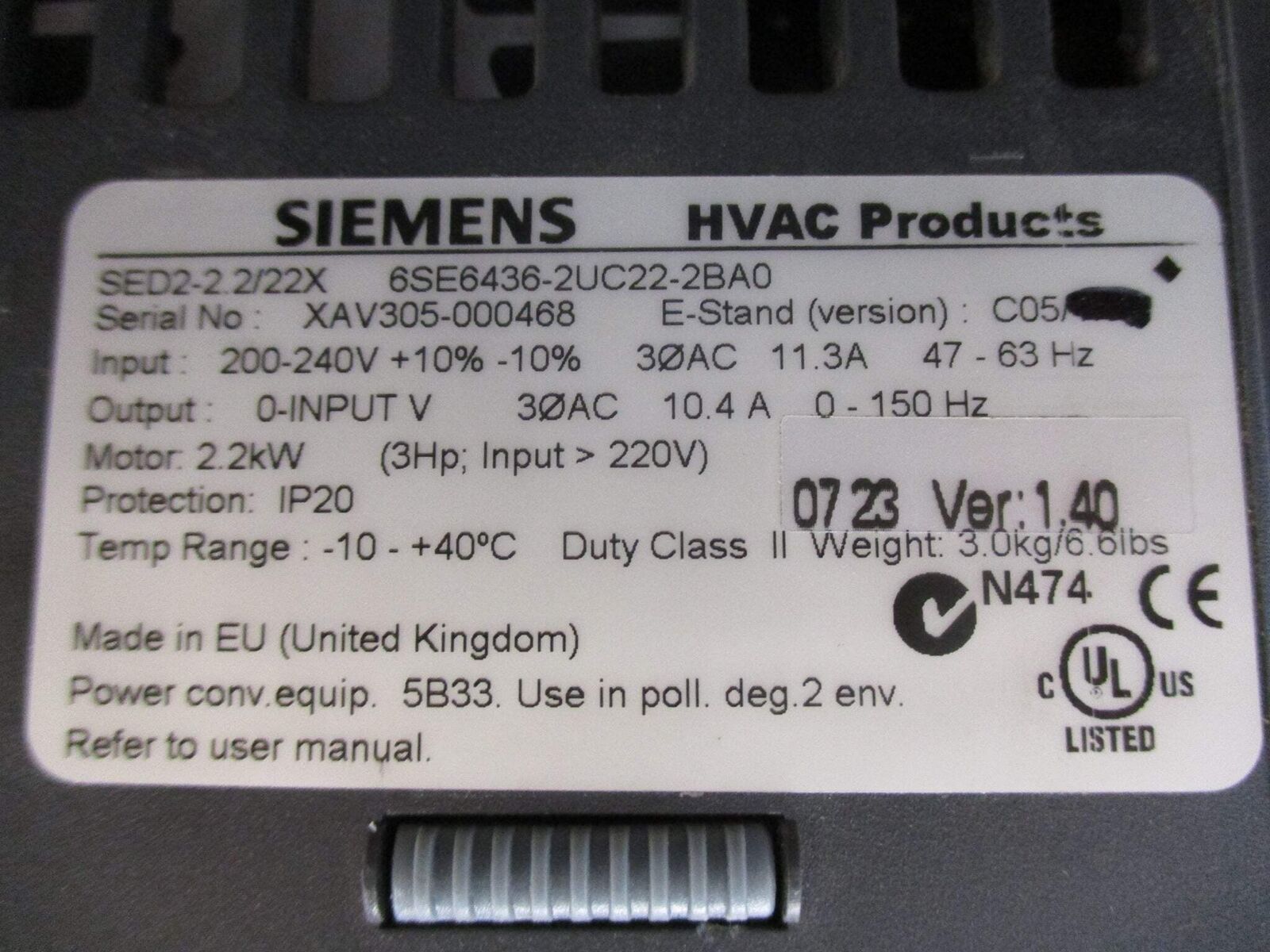 Siemens SED2-2.2/22X AC Drive 6SE6436-2UC22-2BA0 3HP 3Ph w/ Keypad Used