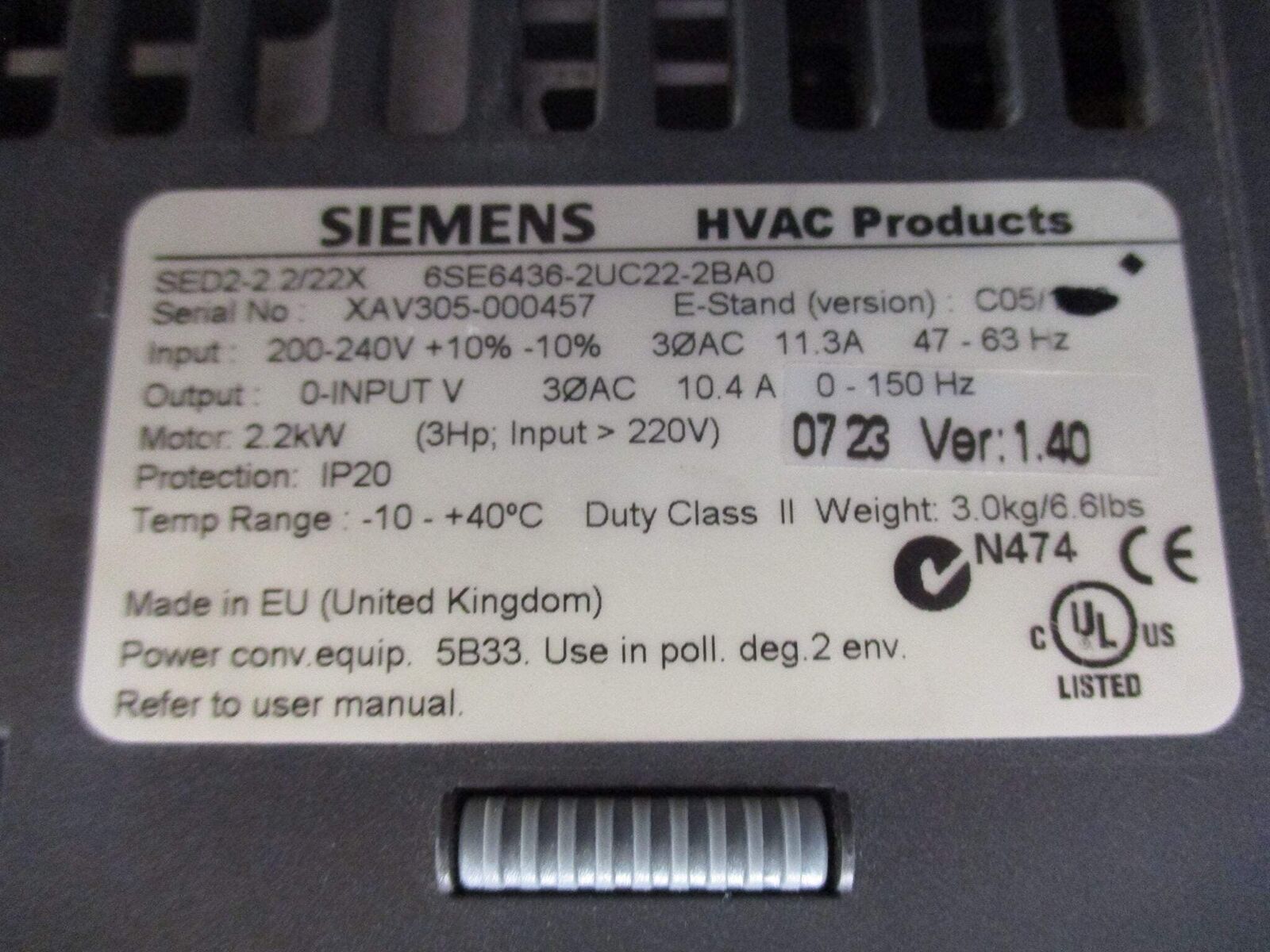 Siemens SED2-2.2/22X AC Drive 6SE6436-2UC22-2BA0 3HP 3Ph w/ Keypad Used