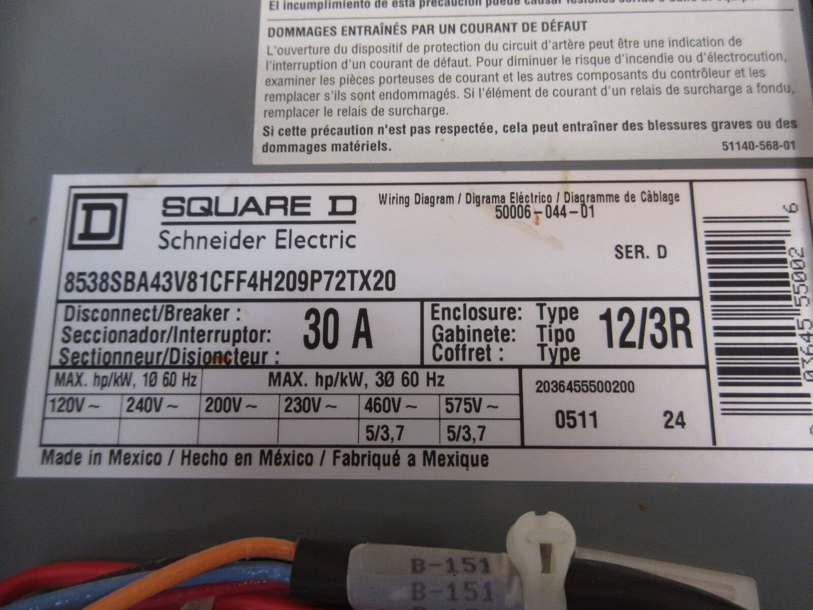 Square D Type 12/3R Fusible Size 0 Combination 30A 120V Coil 3Ph 60Hz *No Fuses*