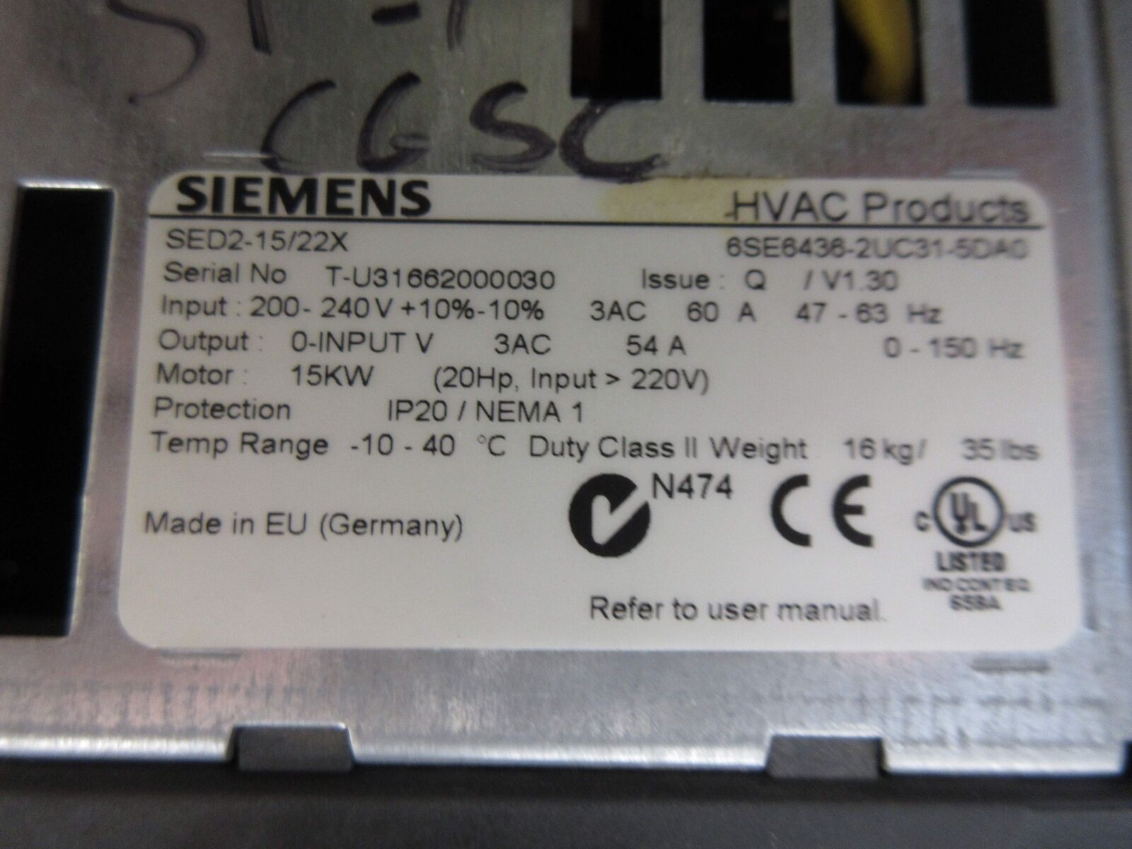 Siemens SED2-15/22X AC Drive 6SE6436-2UC31-5DA0 20HP 3Ph w/ Keypad Used