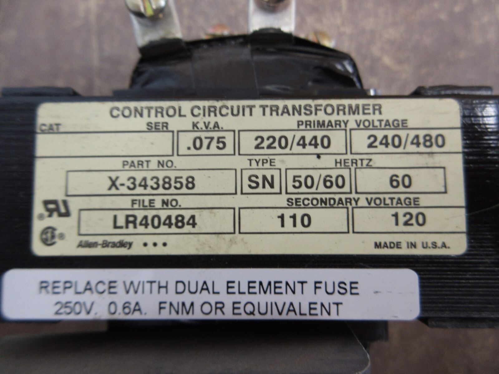Allen-Bradley Transformer X-343858 0.075KVA Pri: 240/480V Sec: 120V Used