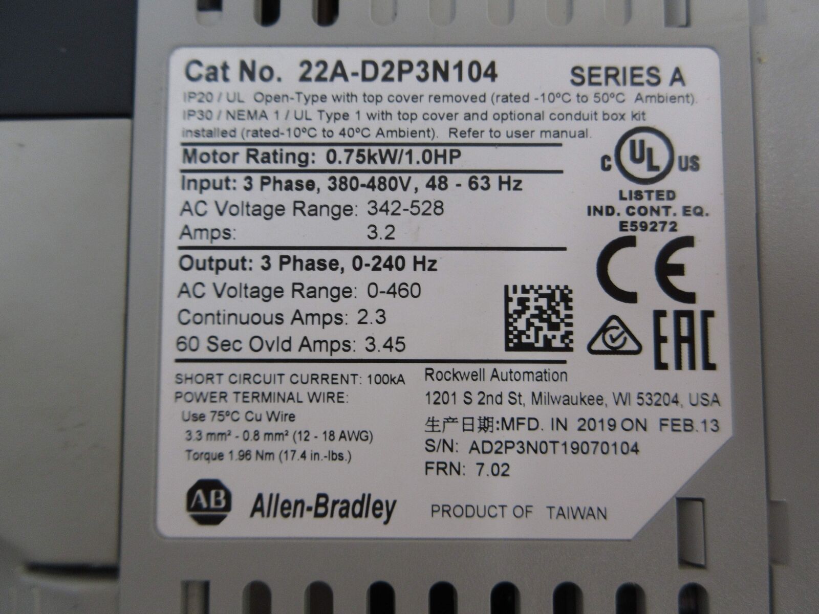 Allen-Bradley PowerFlex 4 AC Drive 22A-D2P3N104 1HP 3Ph Used