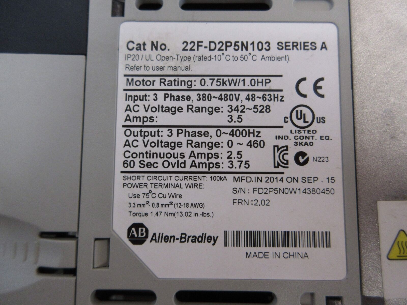 Allen-Bradley PowerFlex 4M AC Drive 22F-D2P5N103 1HP 3Ph Used