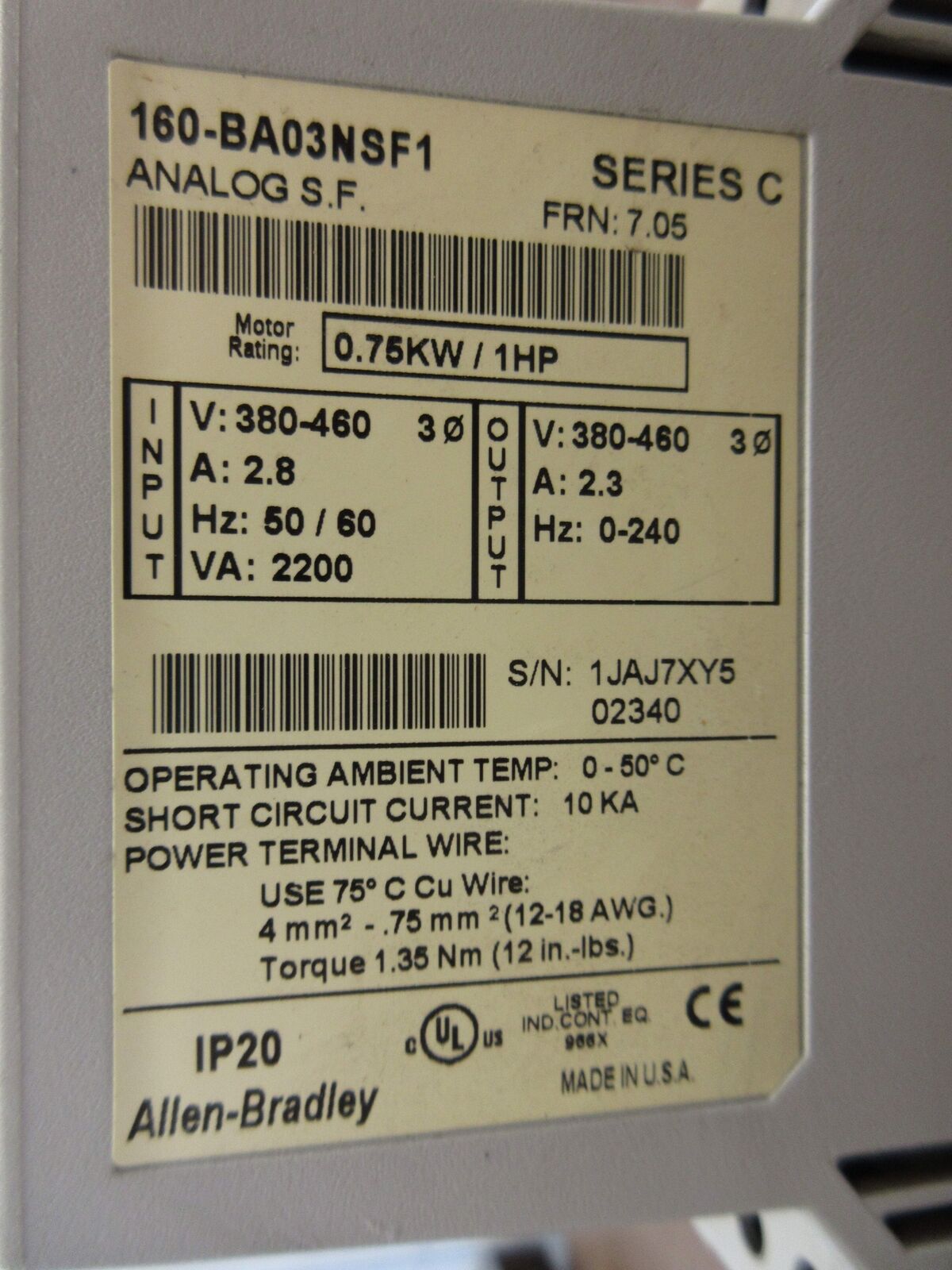 Allen-Bradley Speed Controller 160-BA03NSF1 Ser. C FRN: 7.05 Analog S.F. 1HP 3Ph