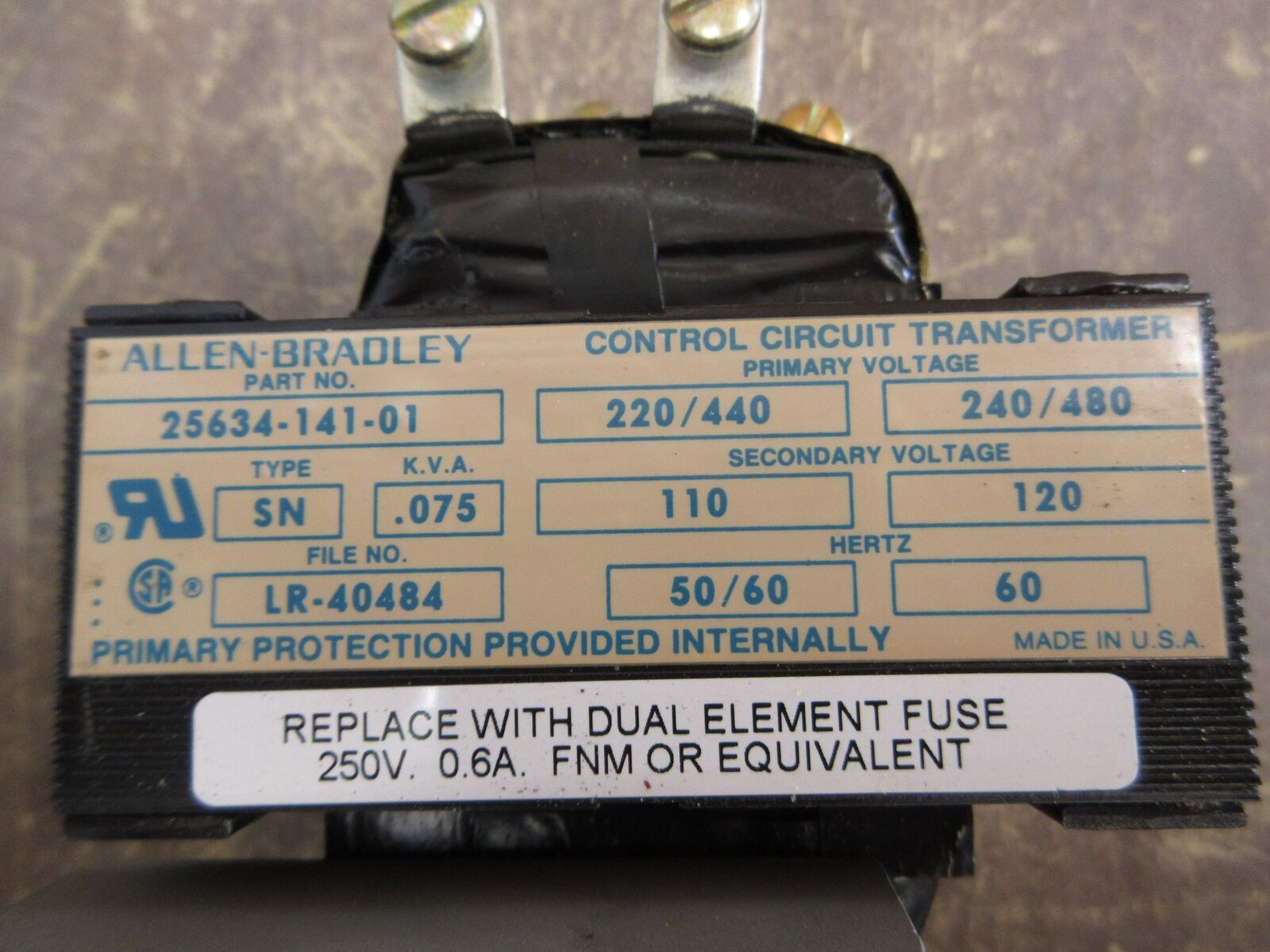 Allen-Bradley Transformer 25634-141-01 0.075kVA Pri: 240/480V Sec: 120V Used