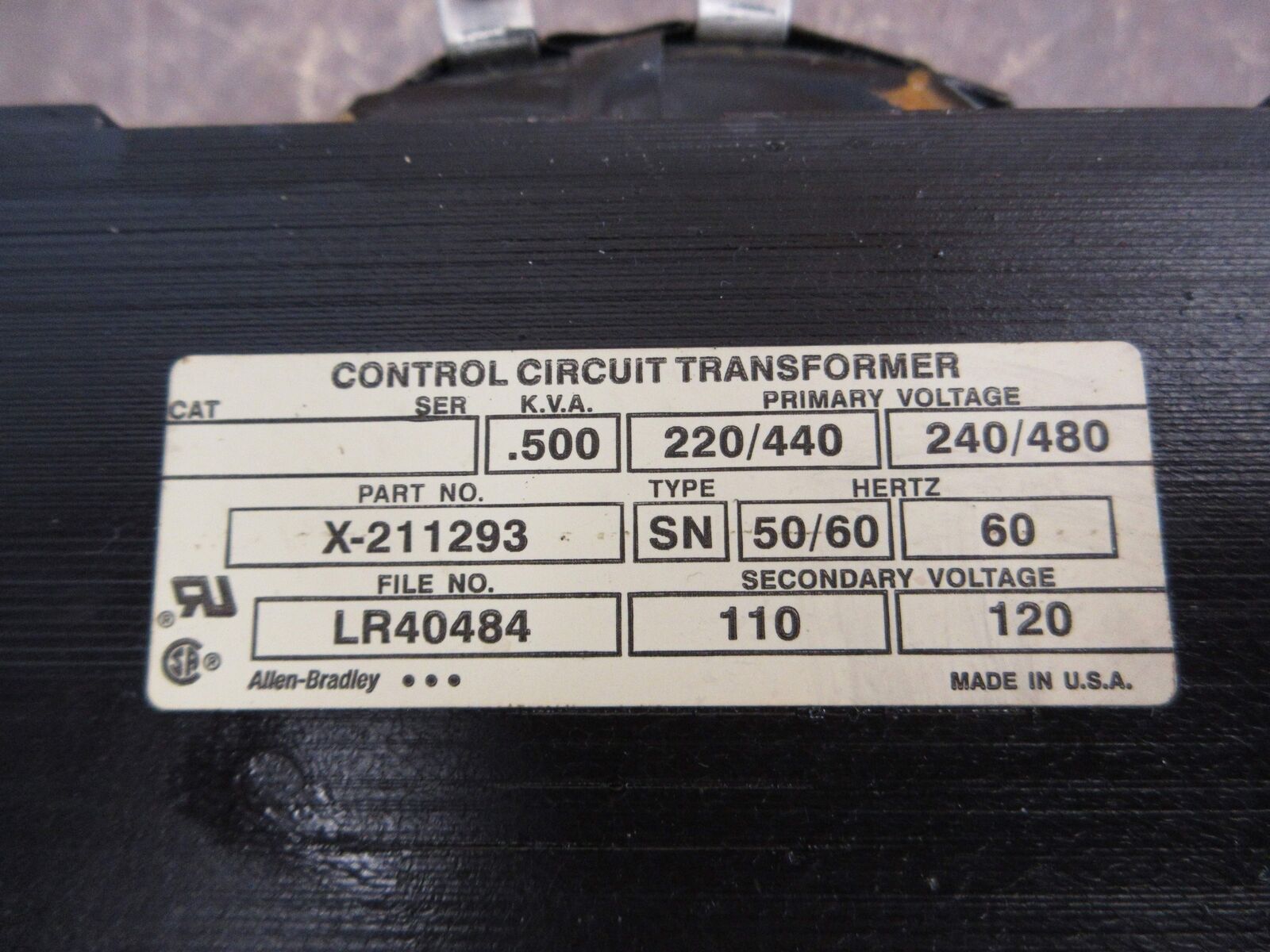 Allen-Bradley Transformer X-211293 0.500kVA Pri: 240/480V Sec: 120V Used
