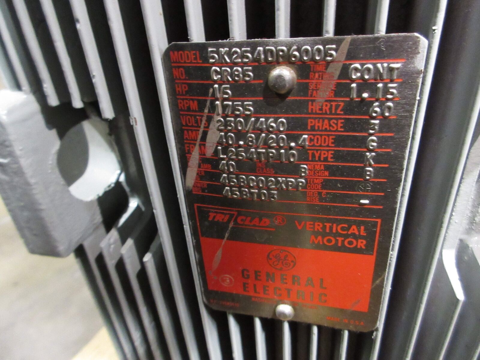 GE Vertical Motor 5K254DP6005 15HP 1800RPM 230/460V 40.8/20.4A 3Ph 60Hz Used