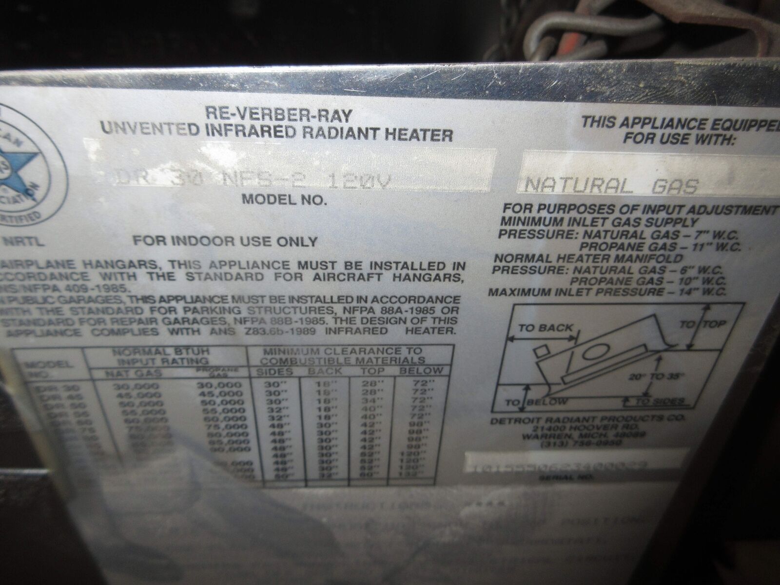 Detroit Radiant Products Re-Verber-Ray Infrared Radiant Heater DR 30 NFS-2 120V