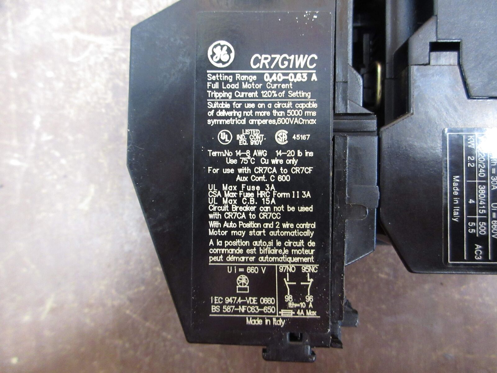 GE Starter CR7CA CR7G1WC 24V Coil Trip: 0.40-0.63A Used