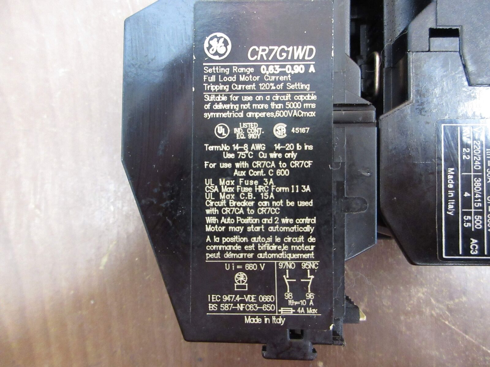 GE Starter CR7CA CR7G1WD 24V Coil Trip: 0.63-0.90A Used