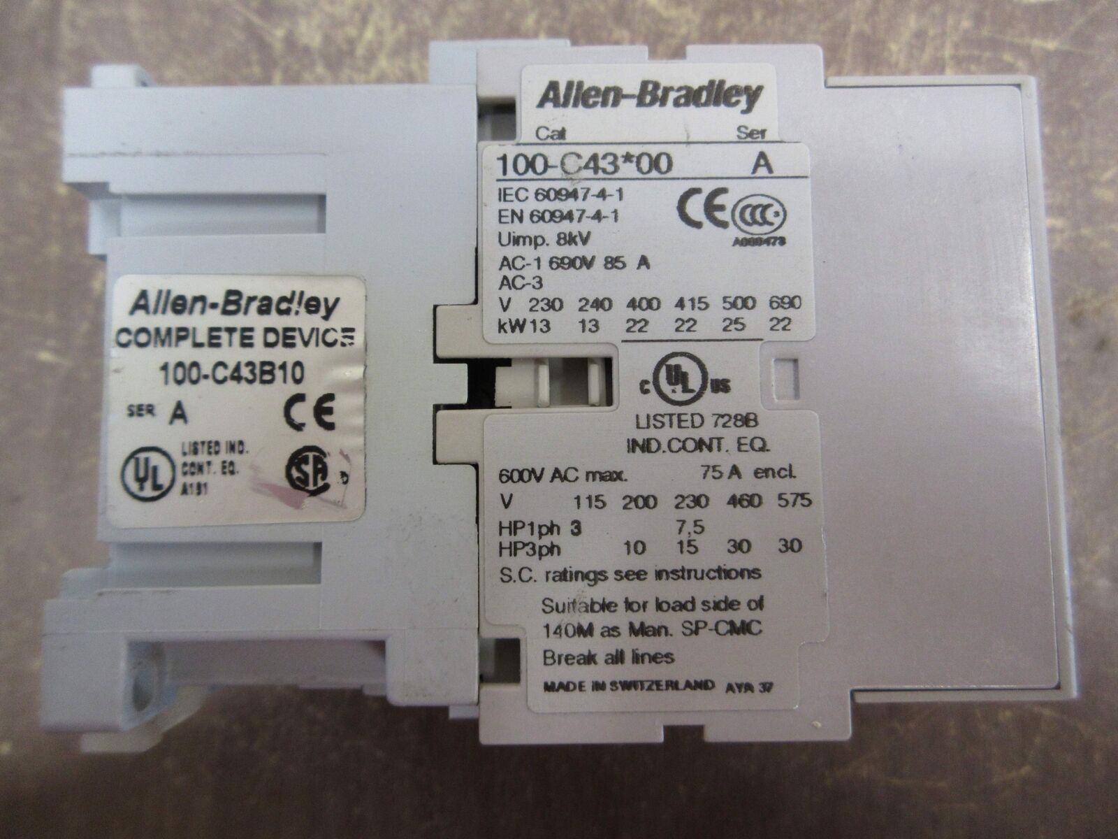 Allen-Bradley Contactor 100-C43*00 Ser. A 480V Coil 75A 600V (1) Aux Contact