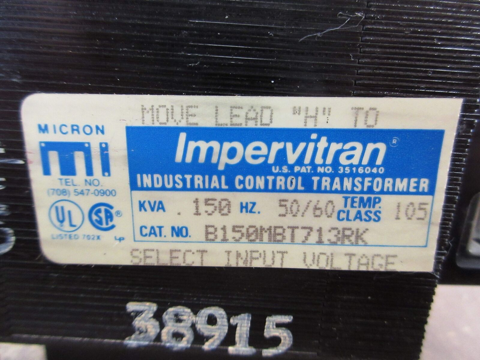 Micron Impervitran Control Transformer B150MBT713RK 0.150kVA 50/60Hz Used