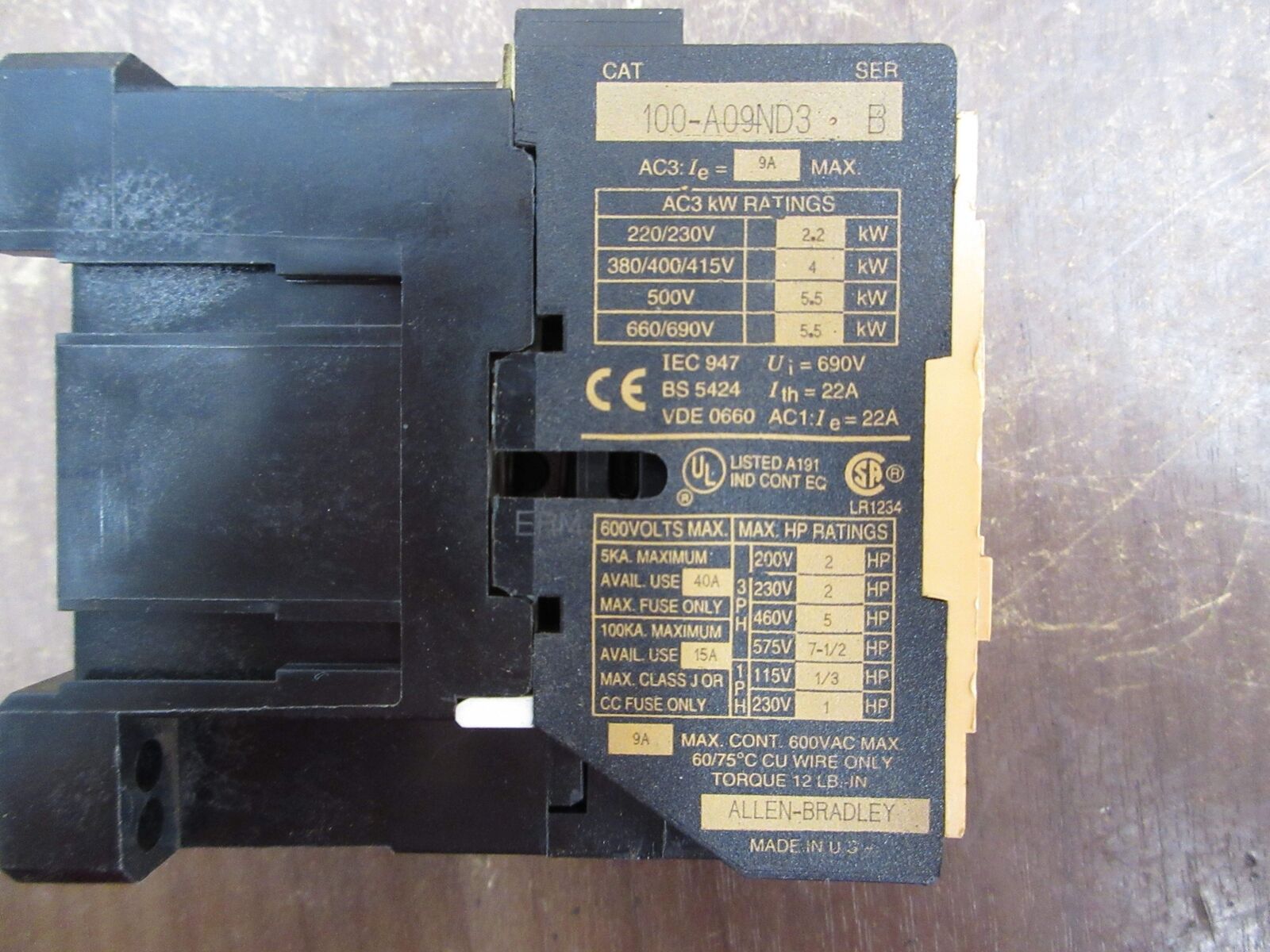 Allen-Bradley Contactor 100-A09ND3 9A 600V 120V Coil *Lot of 3* Used
