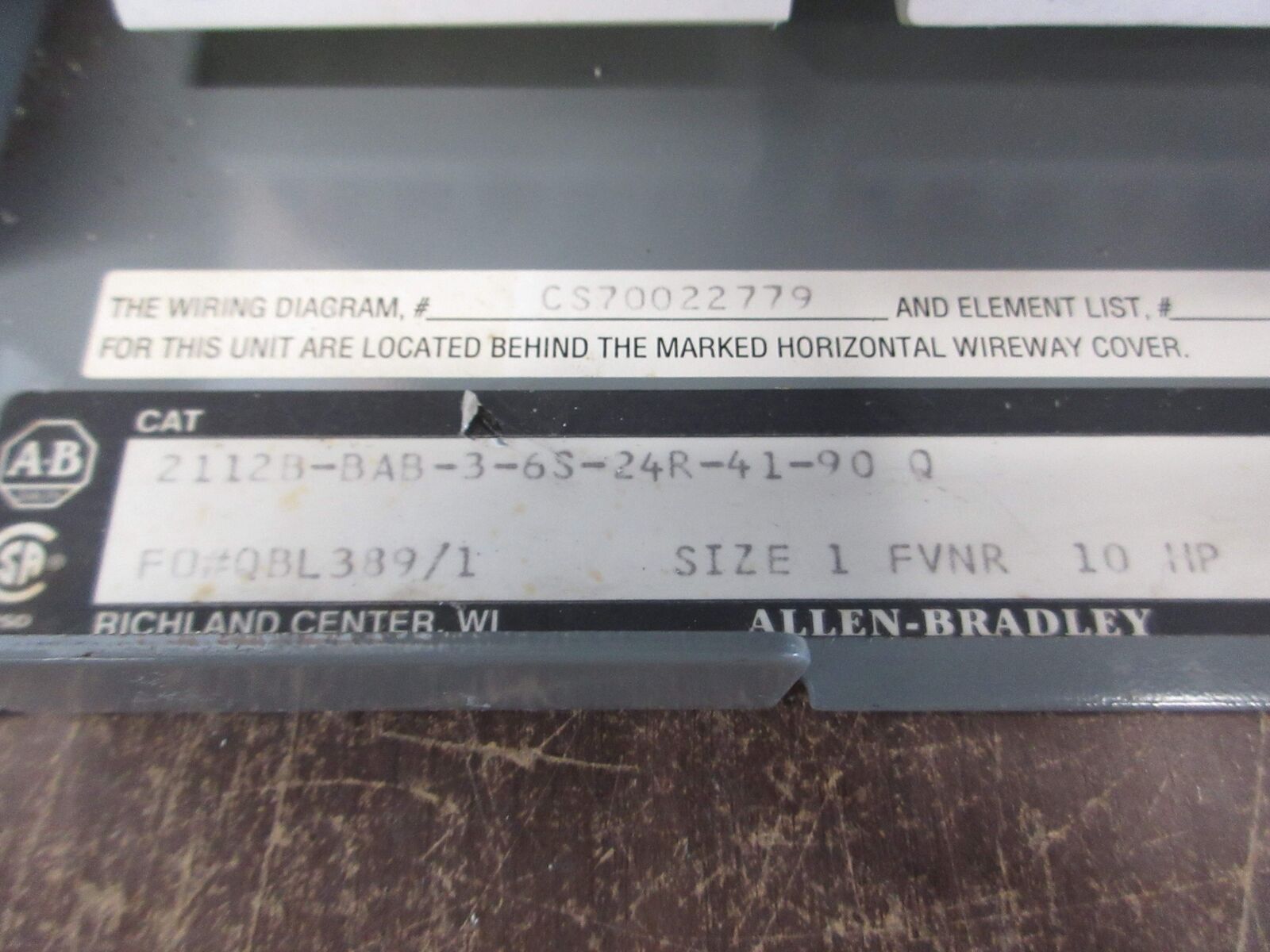Allen-Bradley Size 1 MCC Bucket 2112B-BAB-3-6S-24R-41-90-Q 480V 3Ph 60Hz Fusible