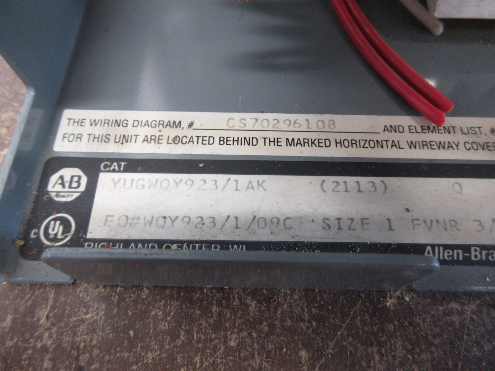 Allen-Bradley Size 1 MCC Bucket YUGWQY923/1AK 480V 3Ph 60Hz 120V Coil w/ Door