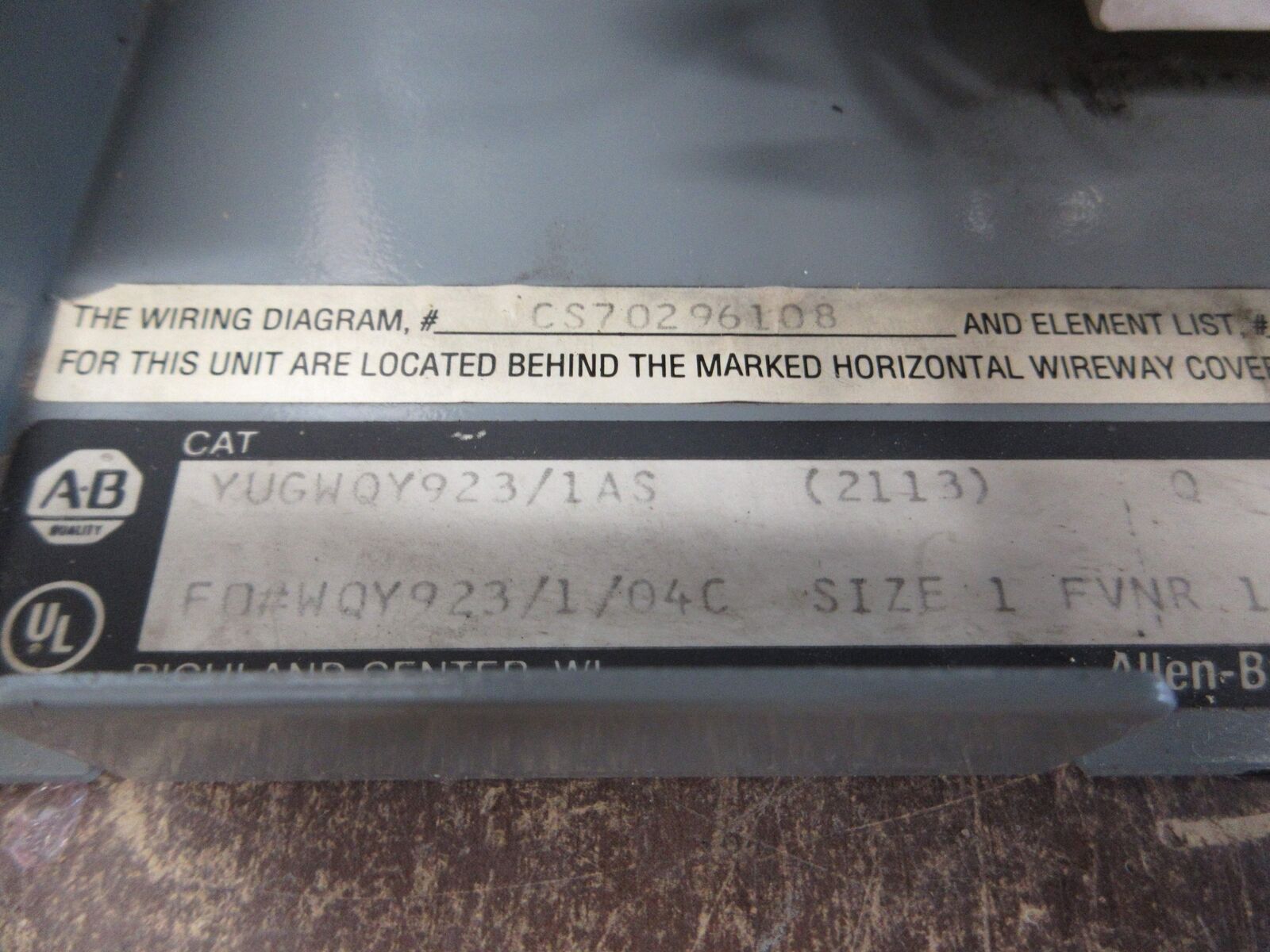 Allen-Bradley Size 1 MCC Bucket YUGWQY923/1AS 480V 3Ph 60Hz 120V Coil w/ Door