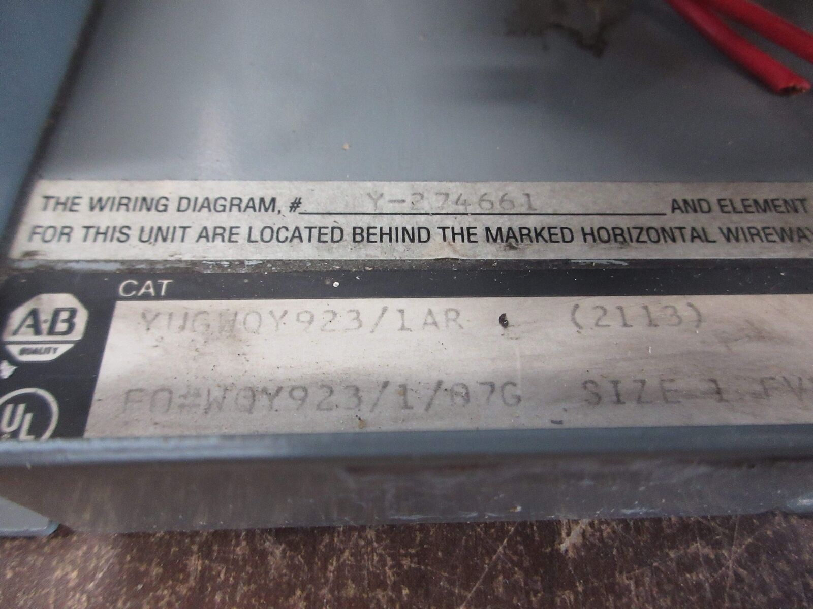 Allen-Bradley Size 1 MCC Bucket YUGWQY923/1AR 480V 3Ph 60Hz 120V Coil w/ Door
