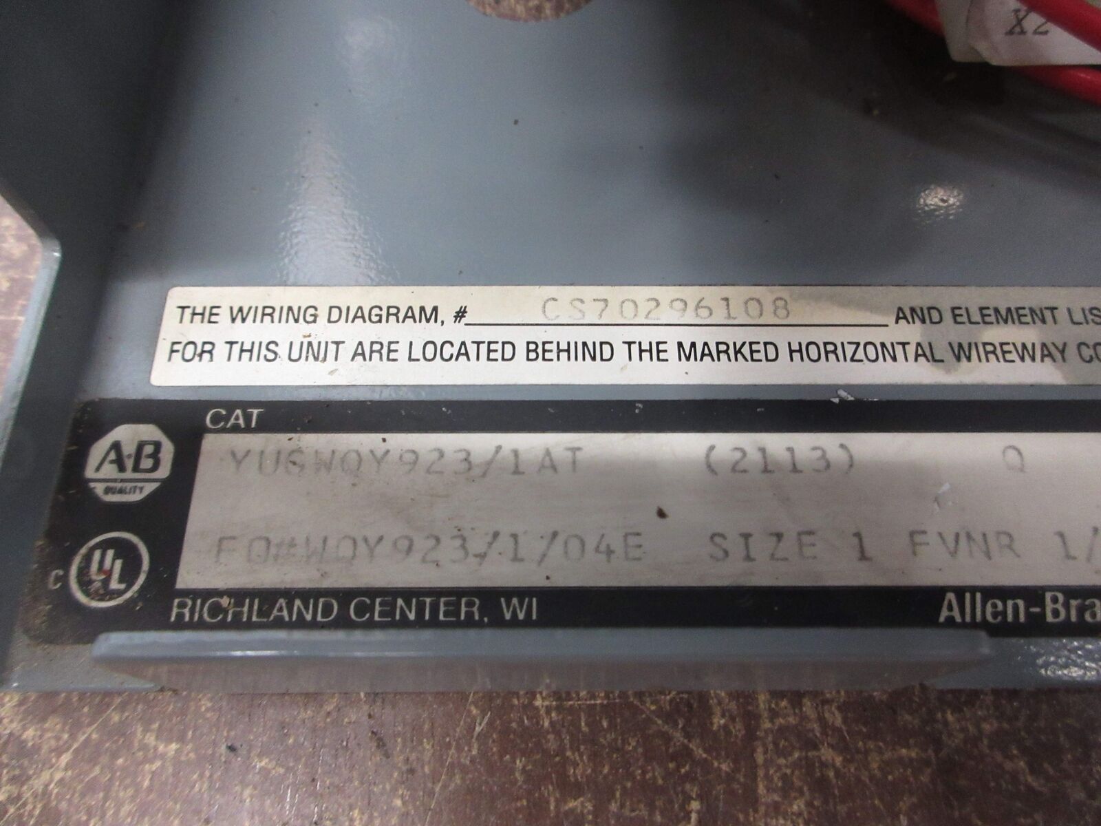 Allen-Bradley Size 1 MCC Bucket YUGWQY923/1AT 480V 3Ph 60Hz 120V Coil w/ Door