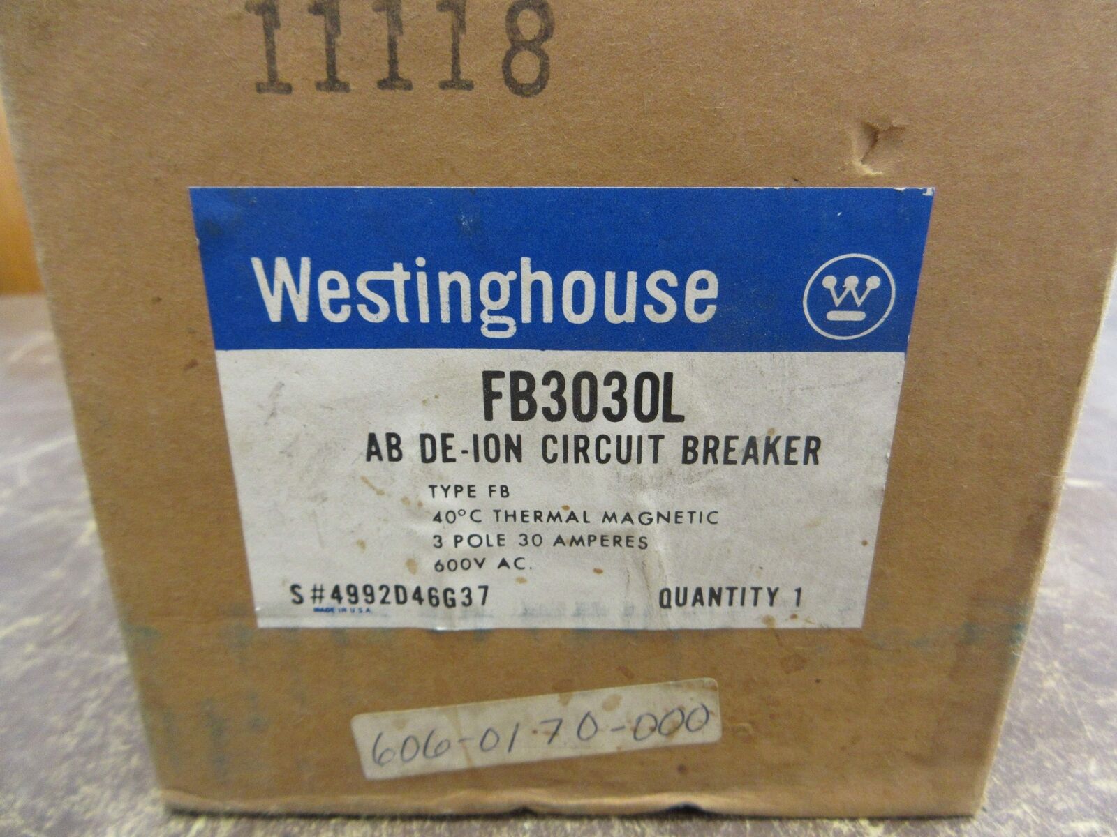 Westinghouse AB De-Ion Circuit Breaker FB3030L 30A 600V 3P New Surplus