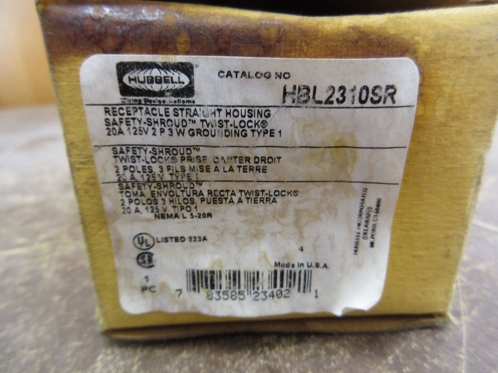 Hubbell Safety-Shroud Twist-Lock Receptacle HBL2310SR 20A 125V 2P 3W New Surplus