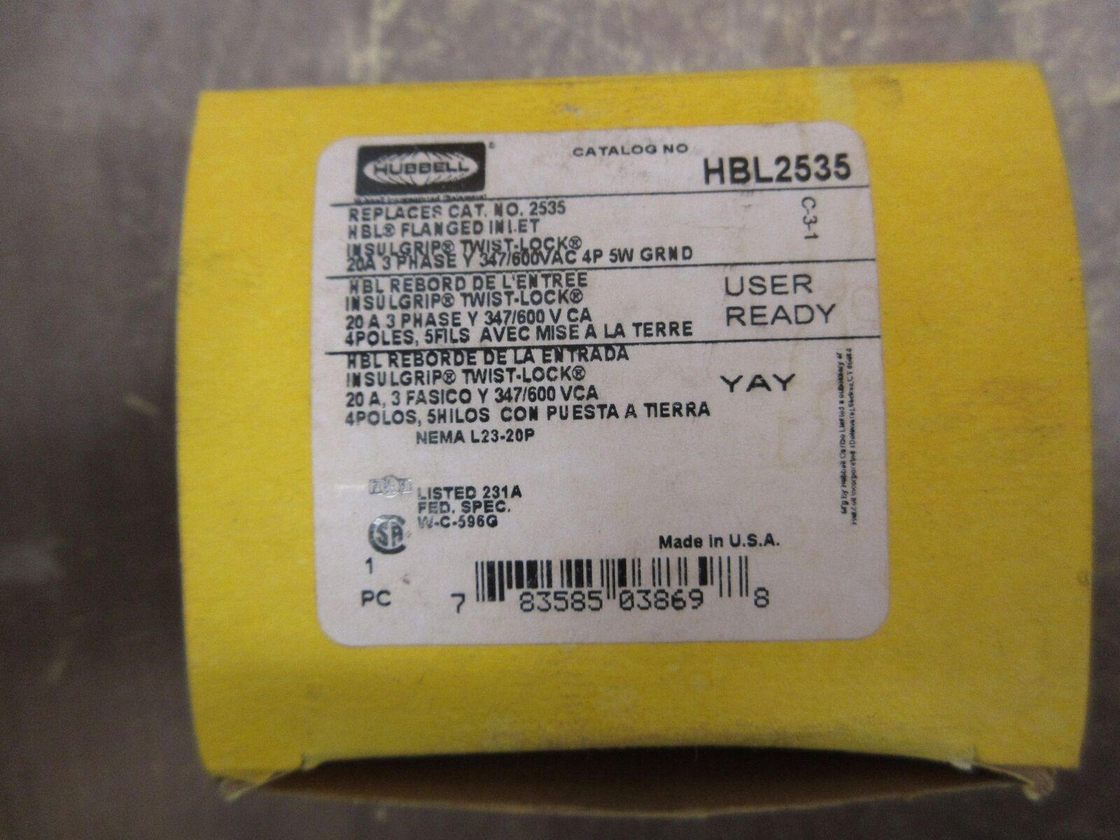 Hubbell Twist-Lock Flanged Inlet HBL2535 20A 600V 3Ph 4P 5W New Surplus