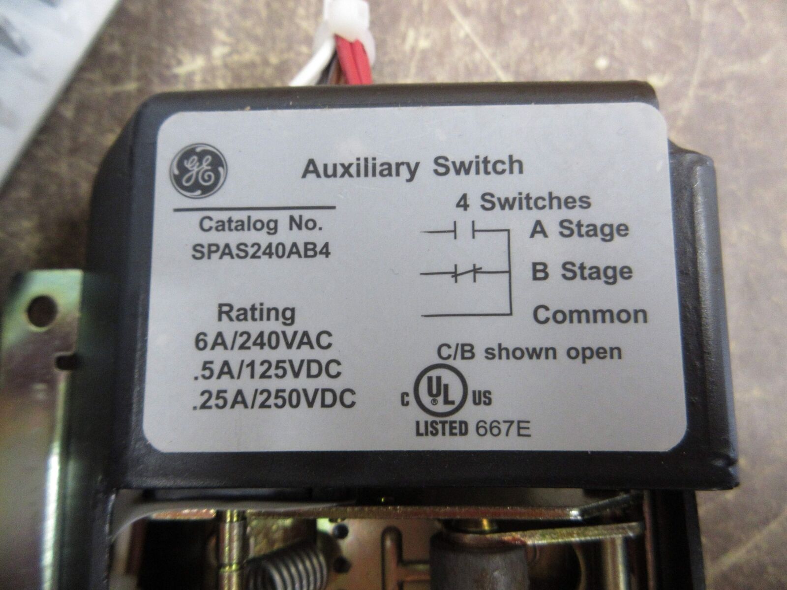 GE Auxiliary Switch SPAS240AB4 6A/240VAC 0.5A/125VDC 0.25A/250VDC Used