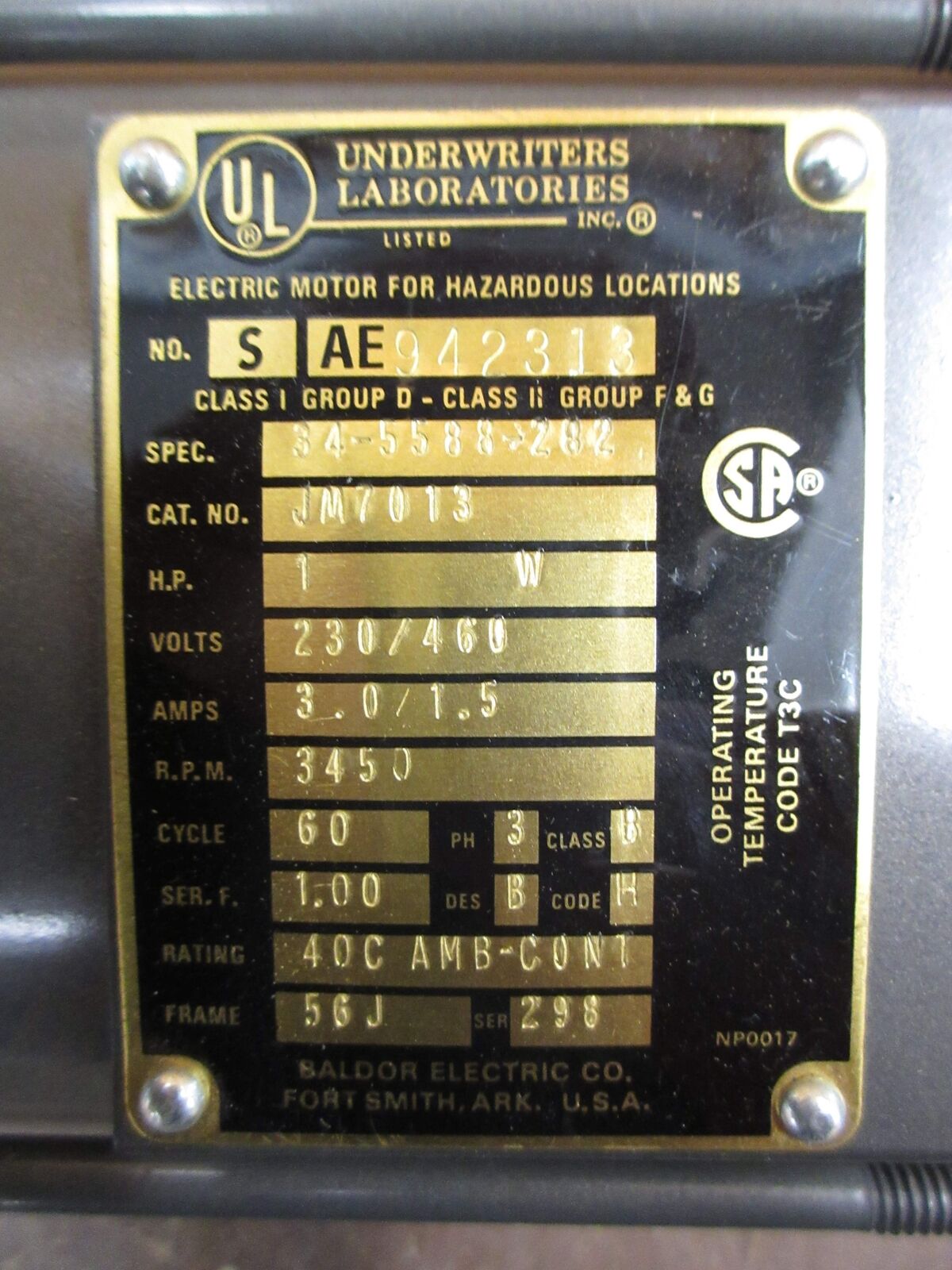 Underwriter Laboratories Explosion Proof Motor JM7013 1HP 3600RPM 230/460V 60Hz