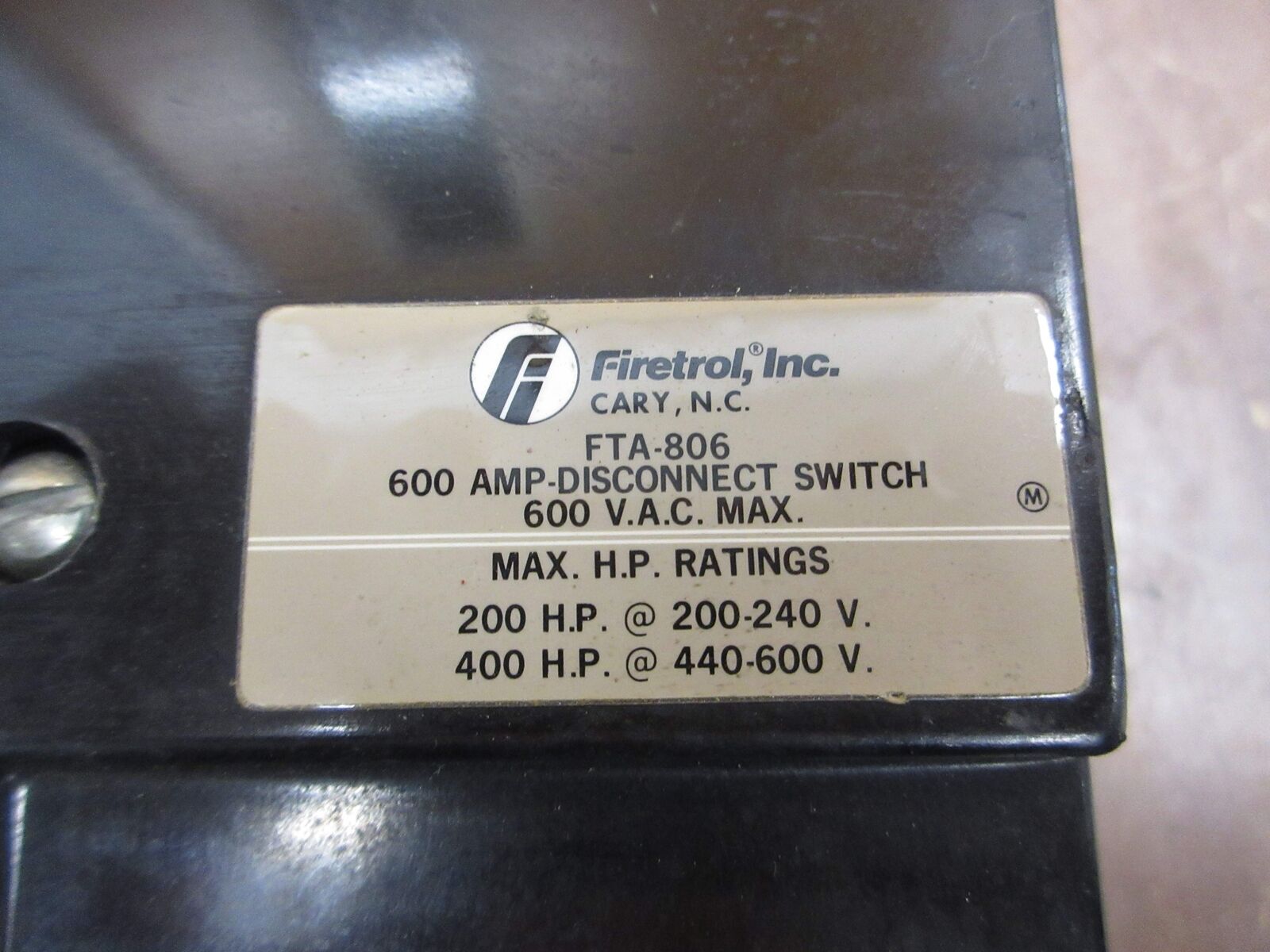 Firetrol Firepump Breaker FTA-806 600A 600V Used