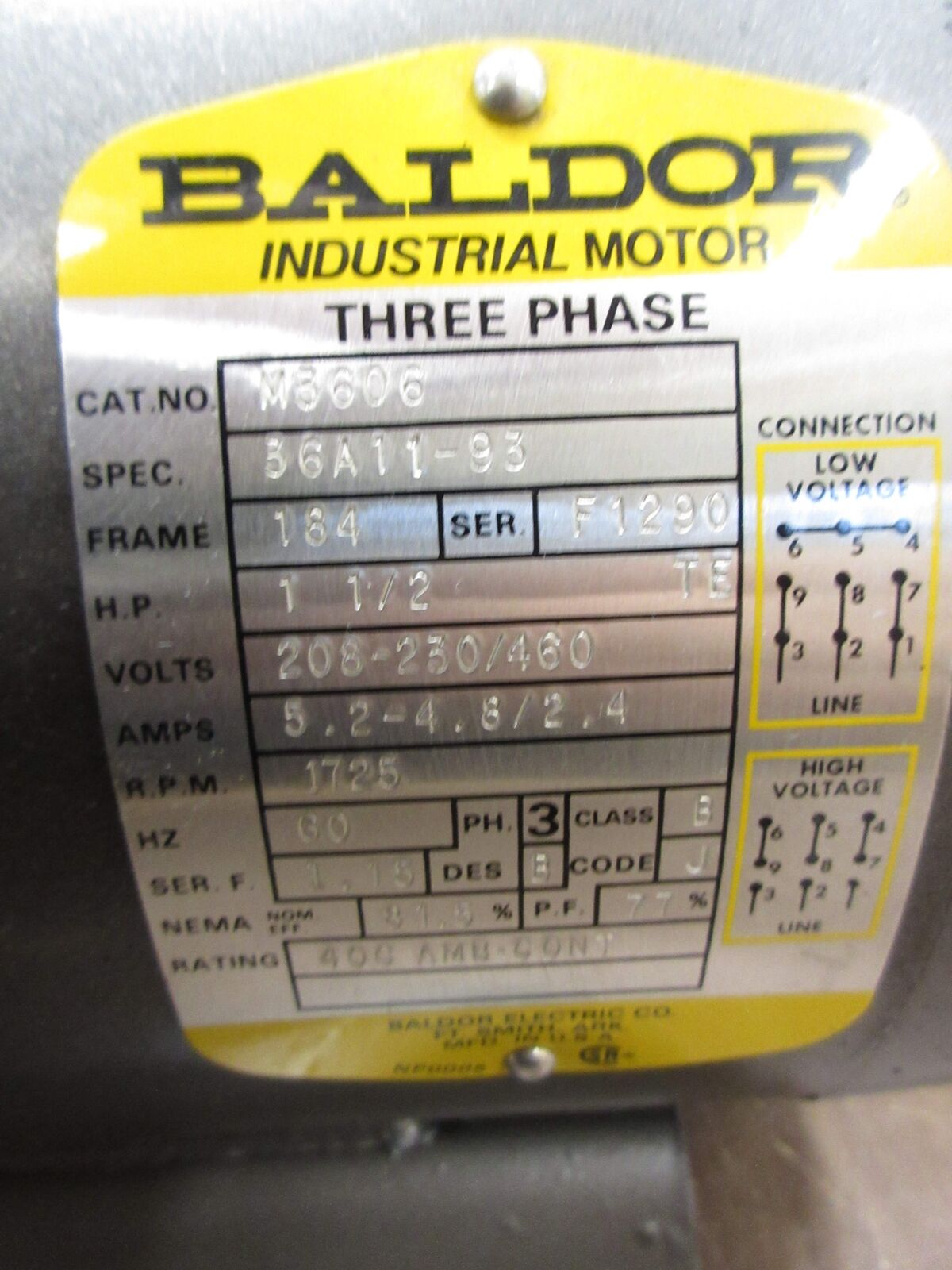 Baldor Motor M3606 1.5HP 1800RPM 208/230/460V 5.2-4.8/2.4A 60Hz 3Ph Used