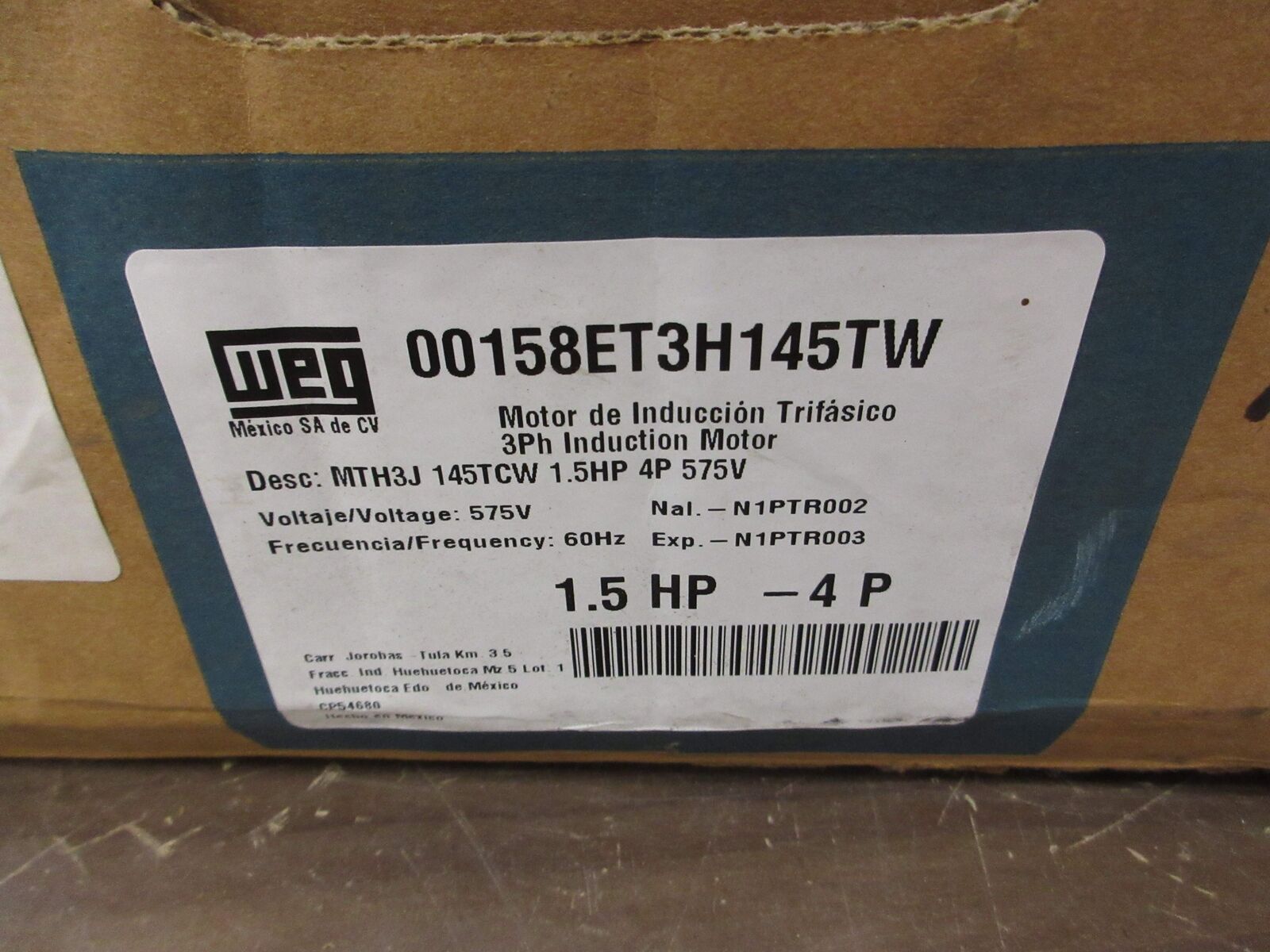 WEG Motor 00158ET3H145T-W22 1.5HP 1800RPM 575V 1.58A 60Hz 3Ph *Damaged Box*