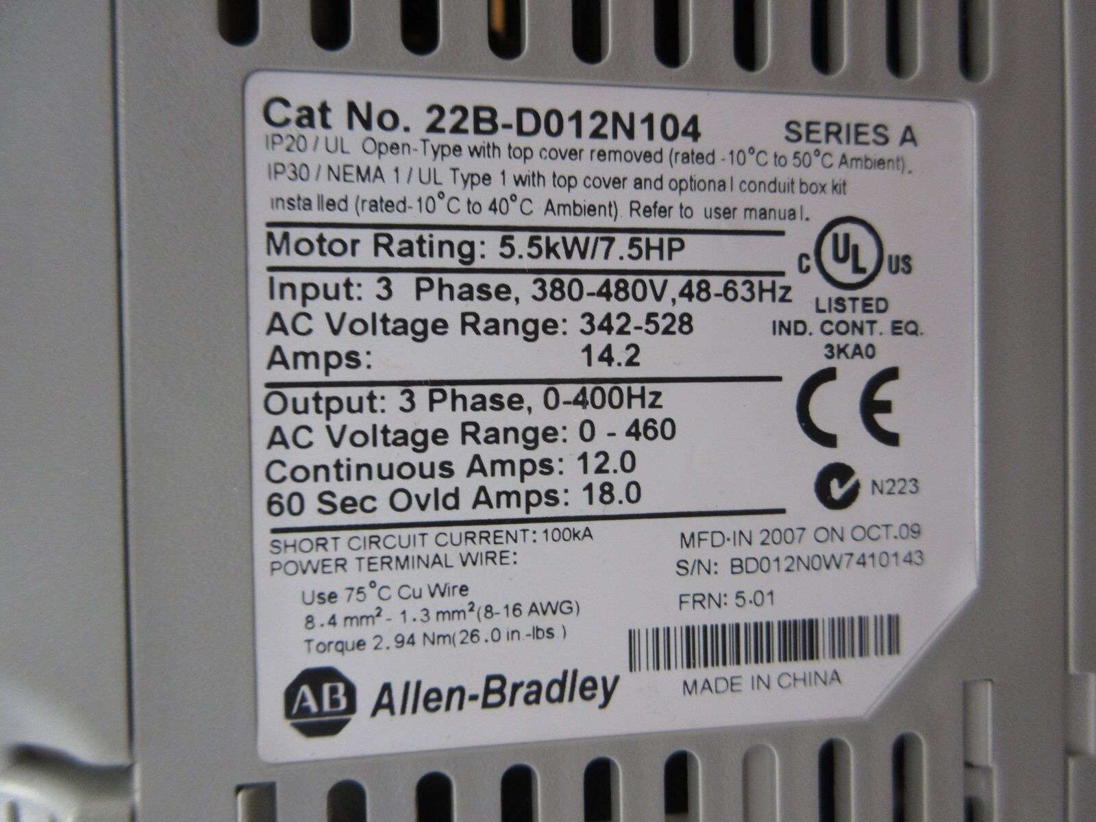 Allen-Bradley PowerFlex 40 AC Drive 22B-D012N104 7.5HP 3Ph Used