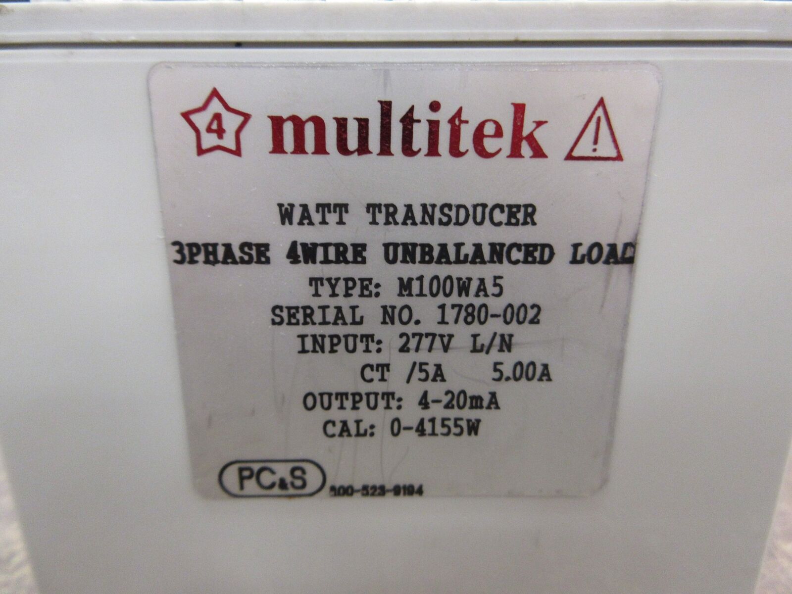 Multitek Watt Transducer M100WA5 Input: 277V Output: 4-20mA Used