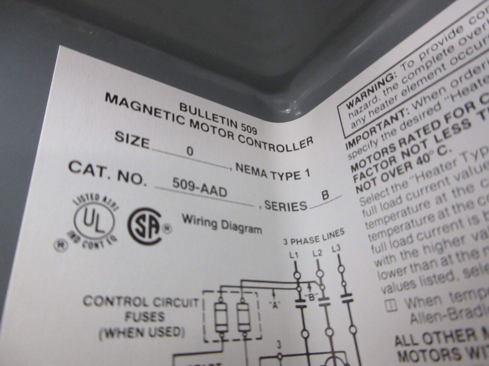 Allen-Bradley Enclosed Size 0 Starter 509-AAD Ser. B 120V Coil 18A 600V Used