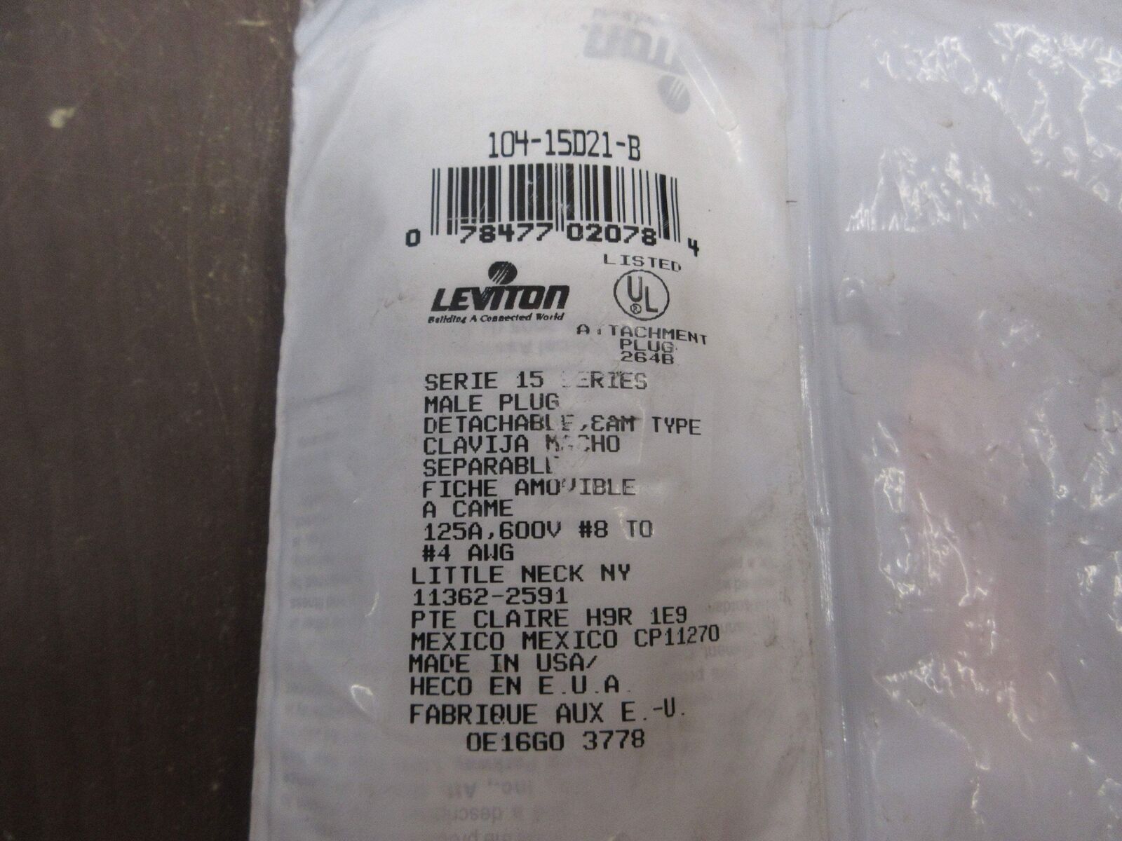 Leviton Male Detachable Plug 104-15D21-B 125A 600V New Surplus