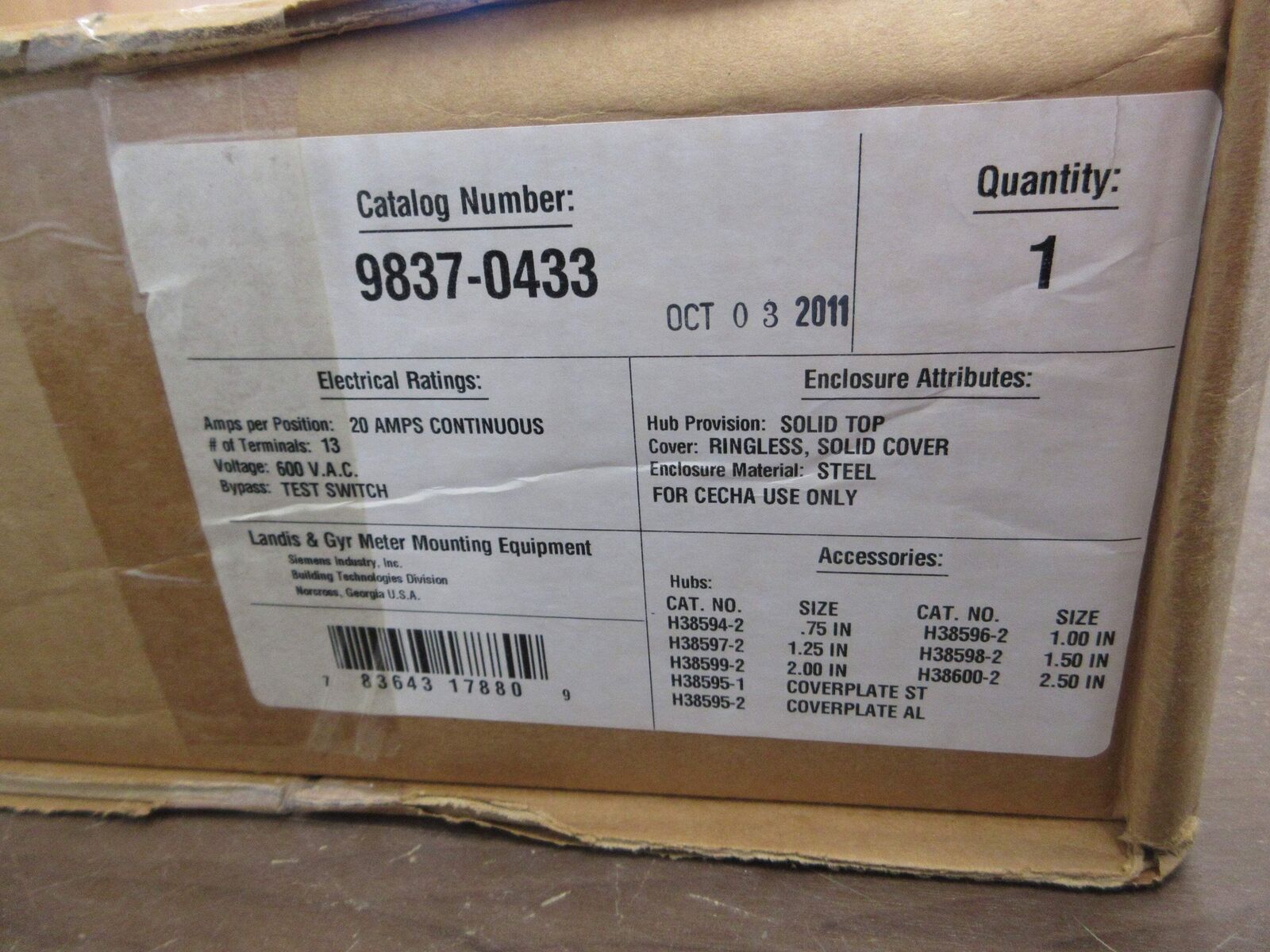 Siemens Landis & Gyr Meter Socket 9837-0433 20A 600V New Surplus