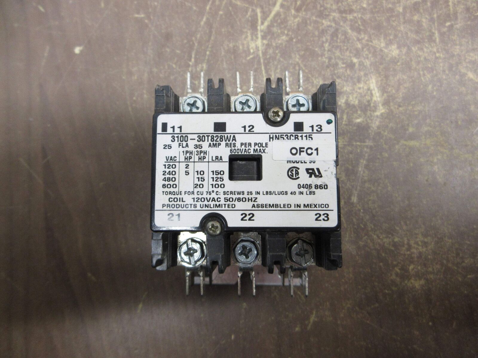 Products Unlimited Contactor 3100-30T828WA 120V Coil 25A 600V Used