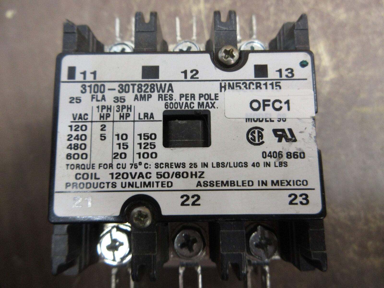 Products Unlimited Contactor 3100-30T828WA 120V Coil 25A 600V Used