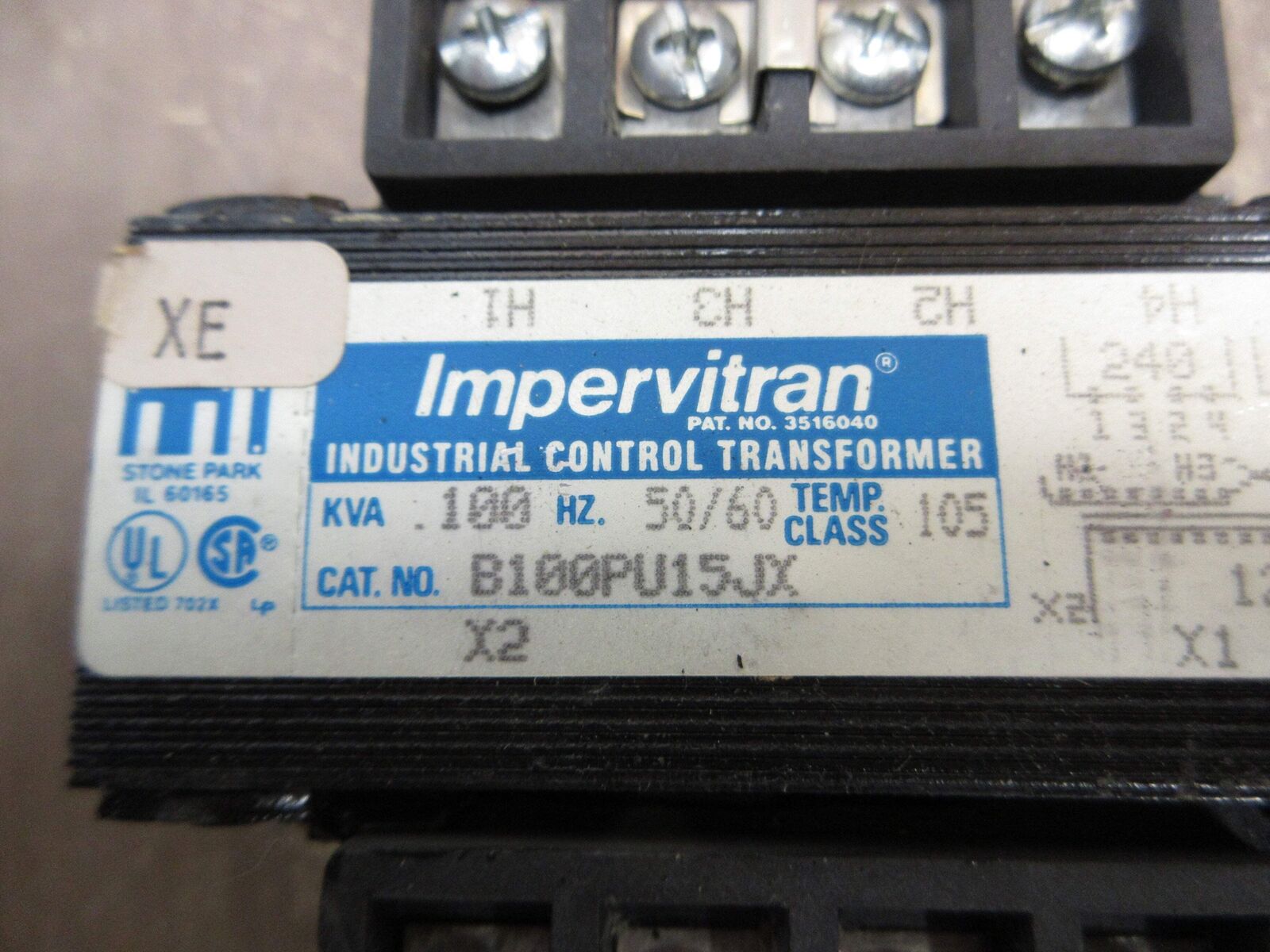 Micron Impervitran Control Transformer B100PU15JX 0.100kVA Pri: 240/480V Used