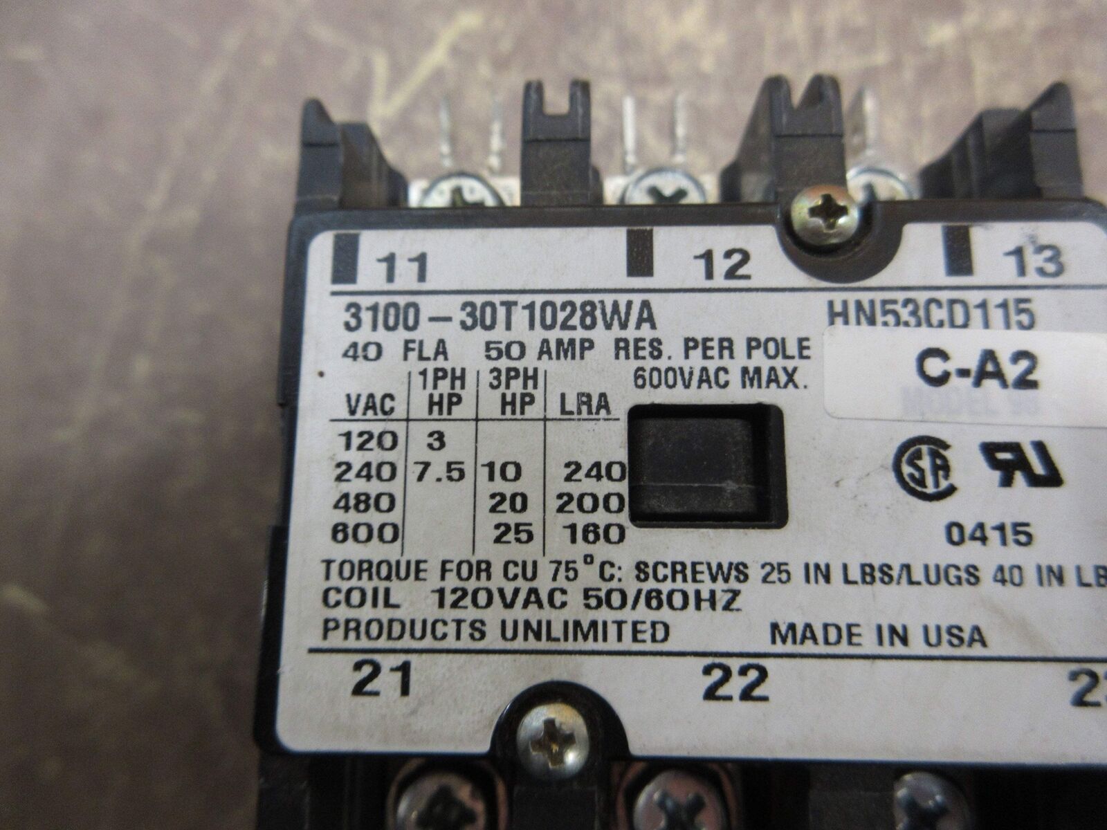 Products Unlimited Contactor 3100-30T1028WA 120V Coil 40A 600V Used